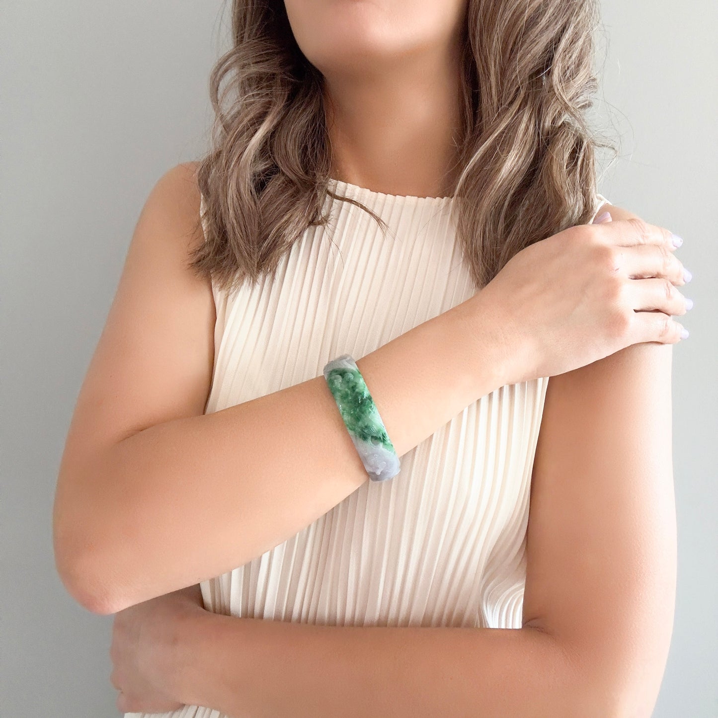 Abundance Bangle with Burma Jade Dragon and Phoenix Carving