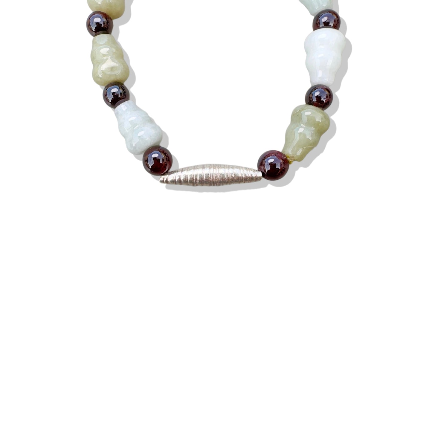 Abundance Bracelet with Green Jade Gourd Carving, Granet and Pure Silver Bead