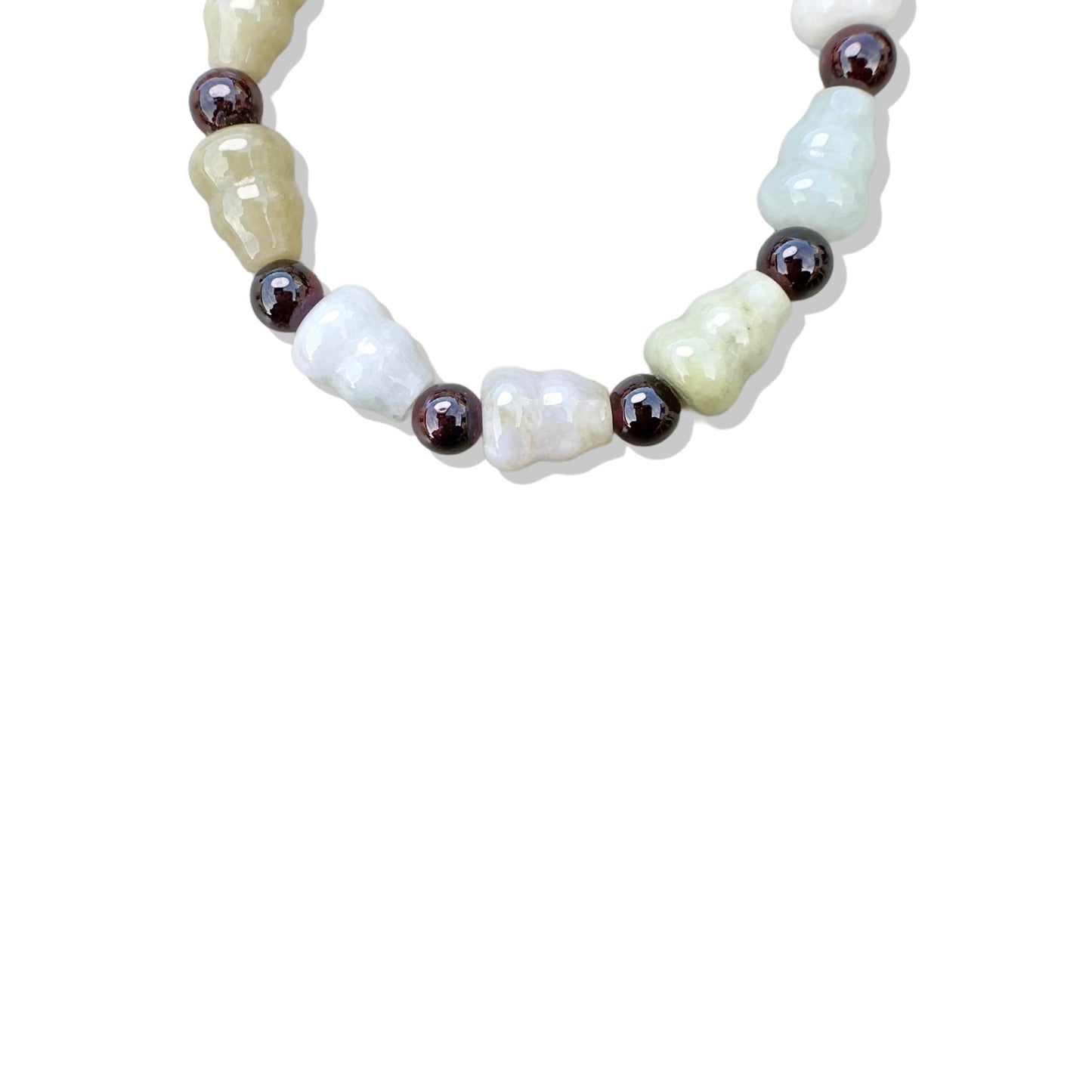 Abundance Bracelet with Green Jade Gourd Carving, Granet and Pure Silver Bead