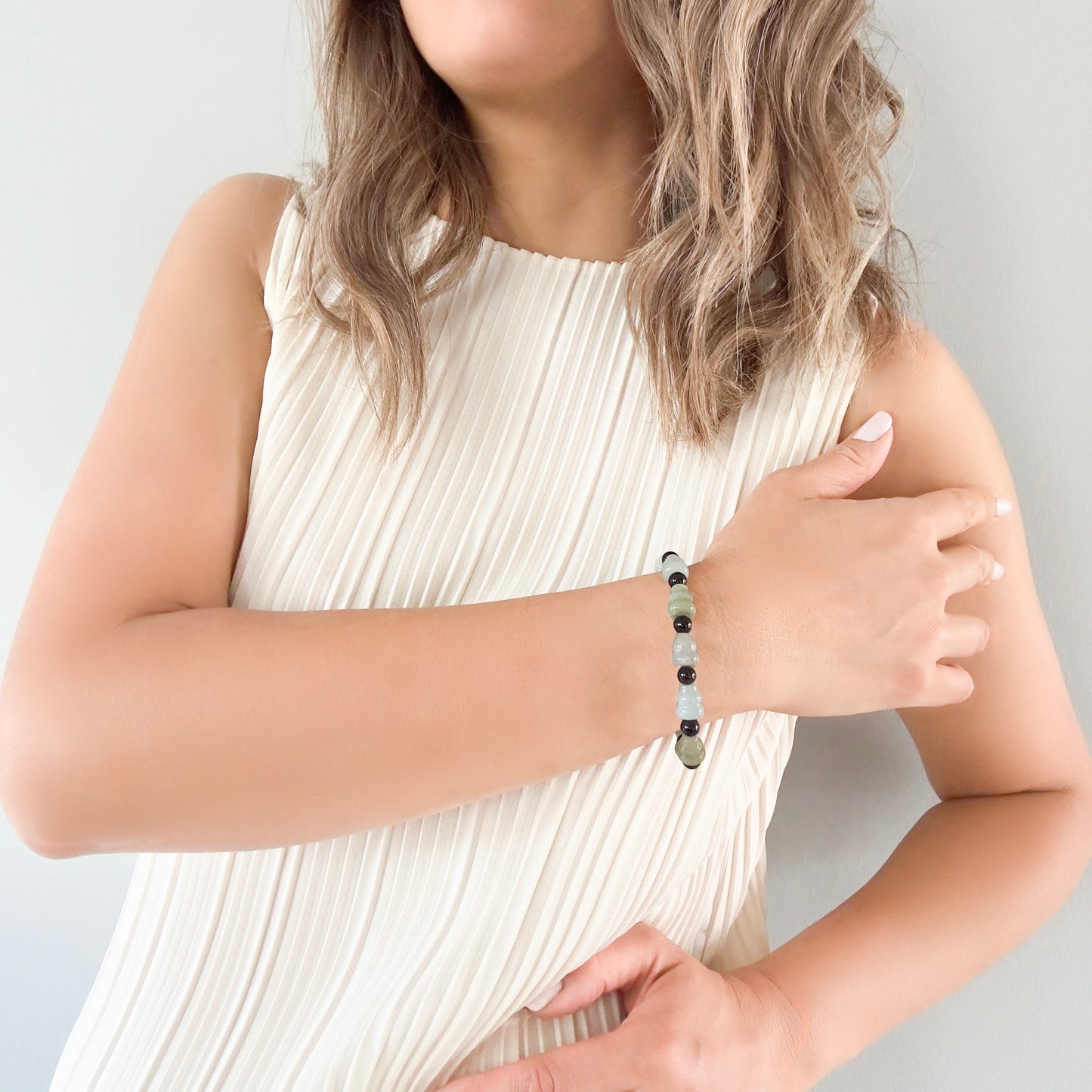 Abundance Bracelet with Green Jade Gourd Carving, Granet and Pure Silver Bead