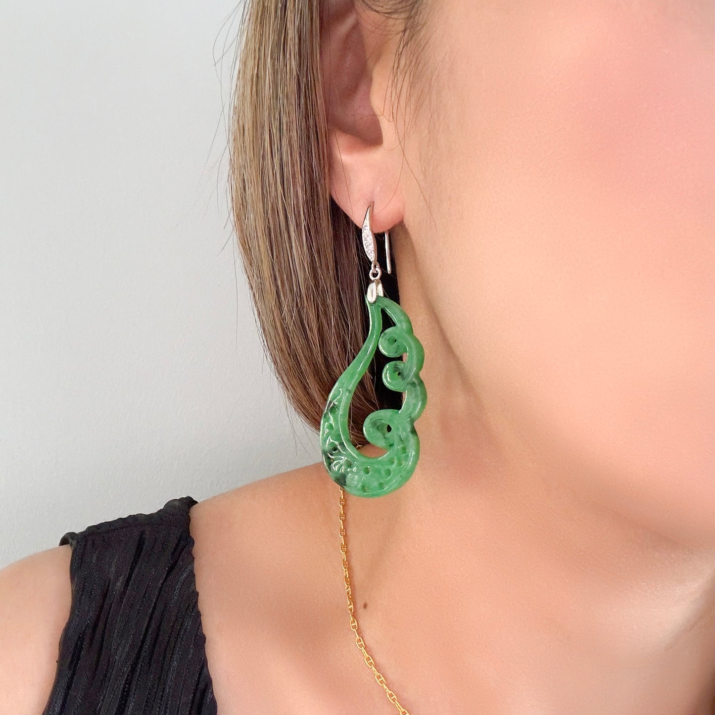 Abundance Earrings with Green Jade Swirl Carving