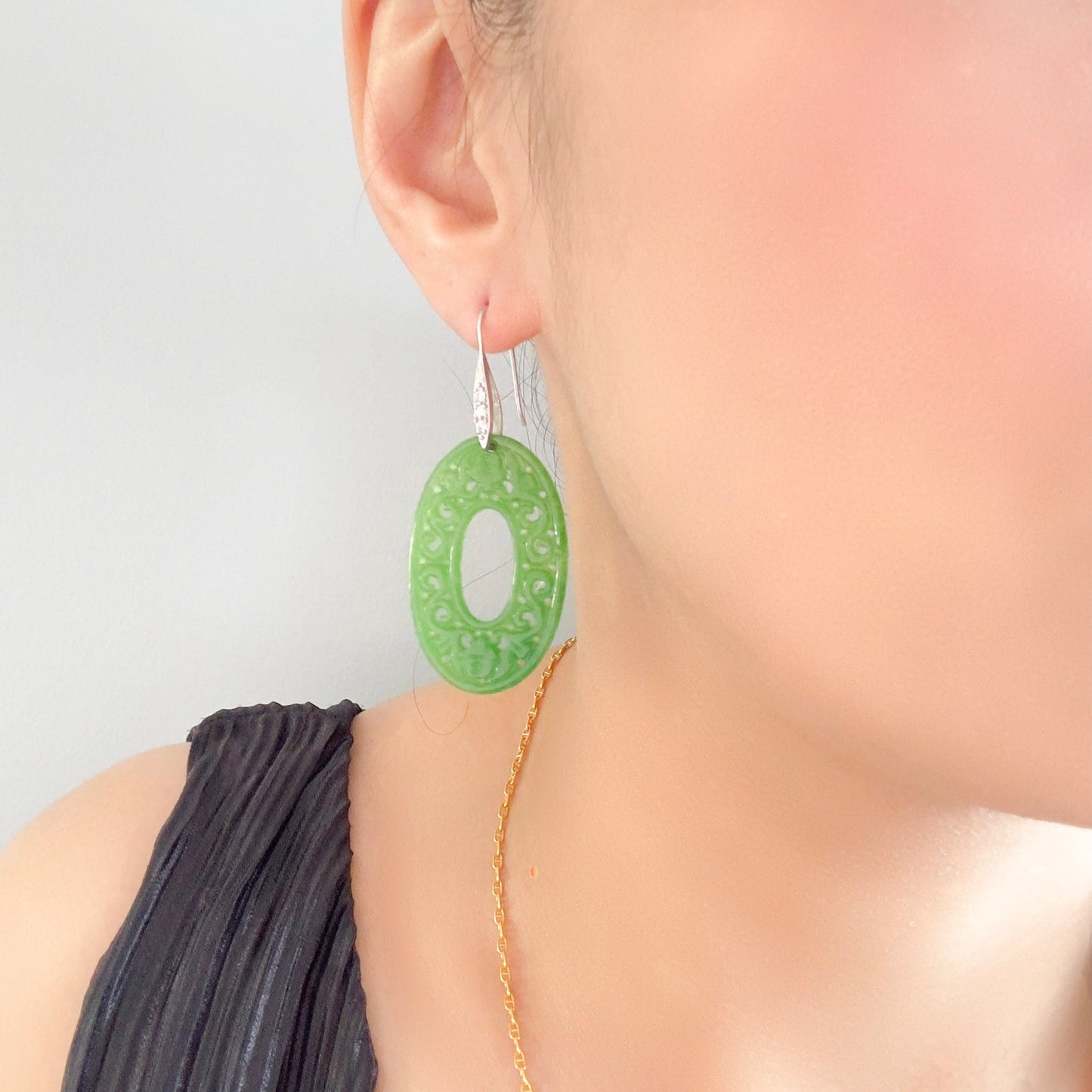 Abundance Earrings with Green Jade Carving