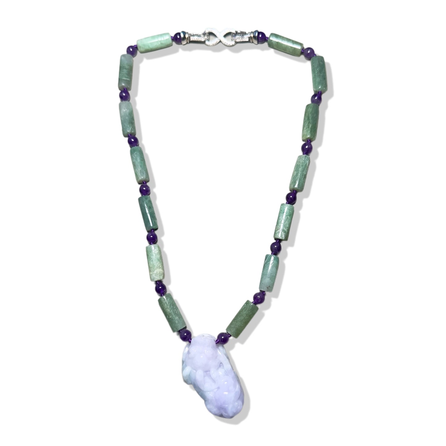 Abundance Necklace with Amethyst and Green Burma Jade Qilin (麒麟) Pendant