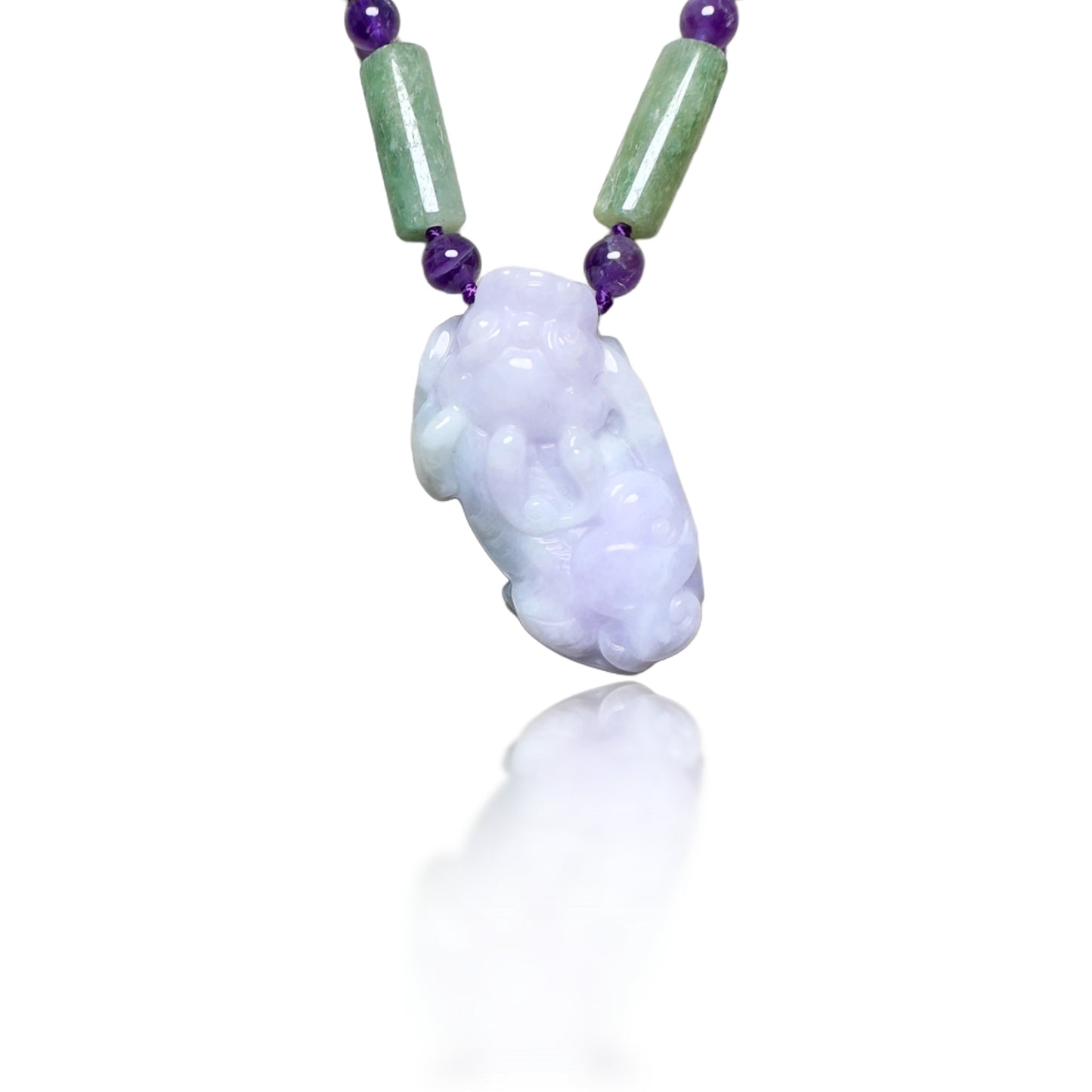 Abundance Necklace with Amethyst and Green Burma Jade Qilin (麒麟) Pendant
