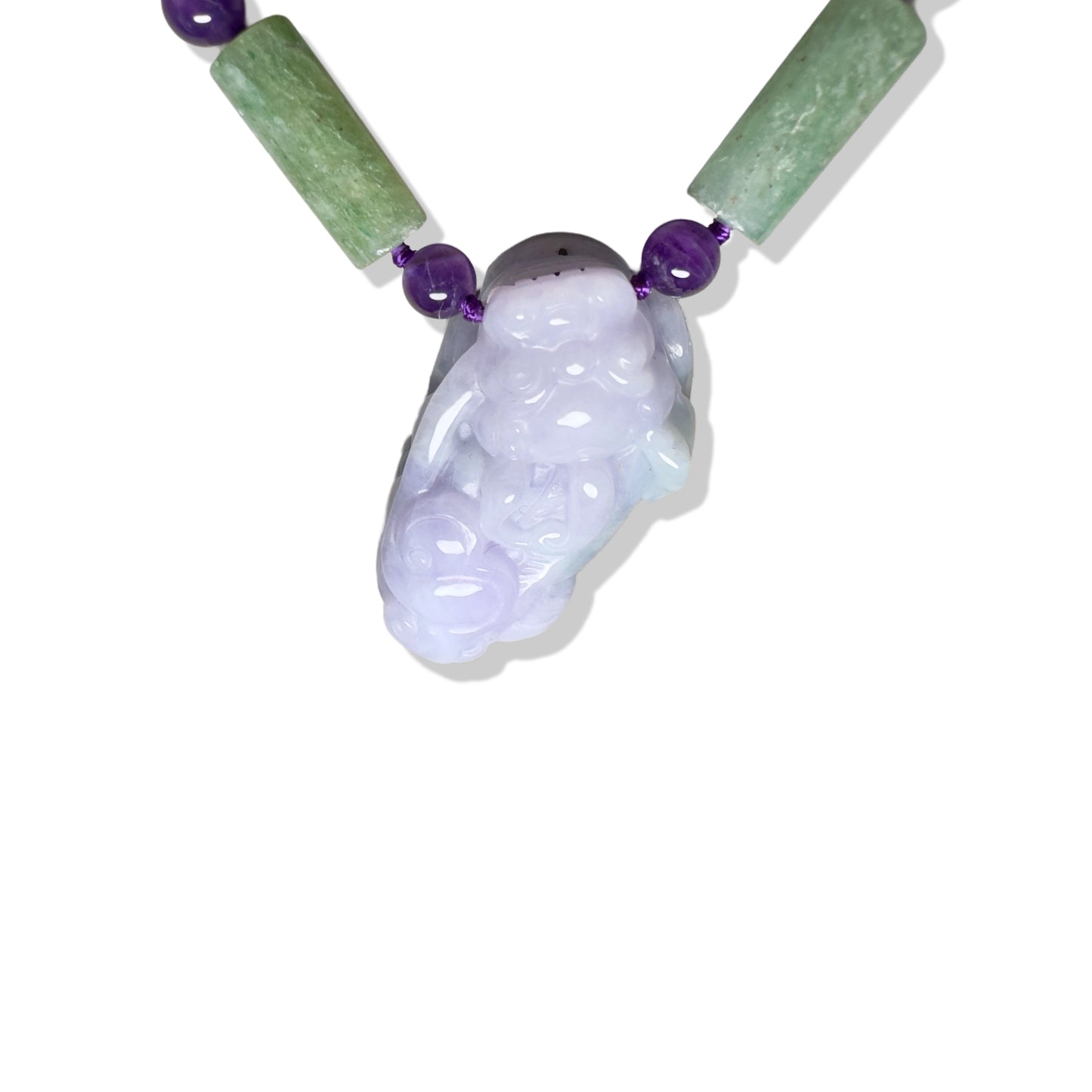 Abundance Necklace with Amethyst and Green Burma Jade Qilin (麒麟) Pendant