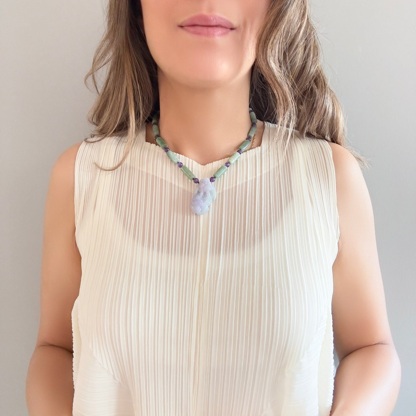 Abundance Necklace with Amethyst and Green Burma Jade Qilin (麒麟) Pendant
