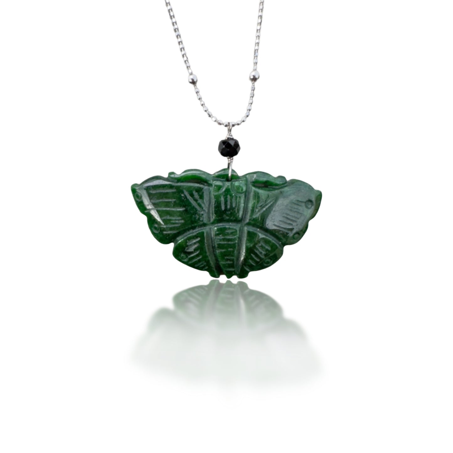 Abundance pendant with jade butterfly carving and black spinel
