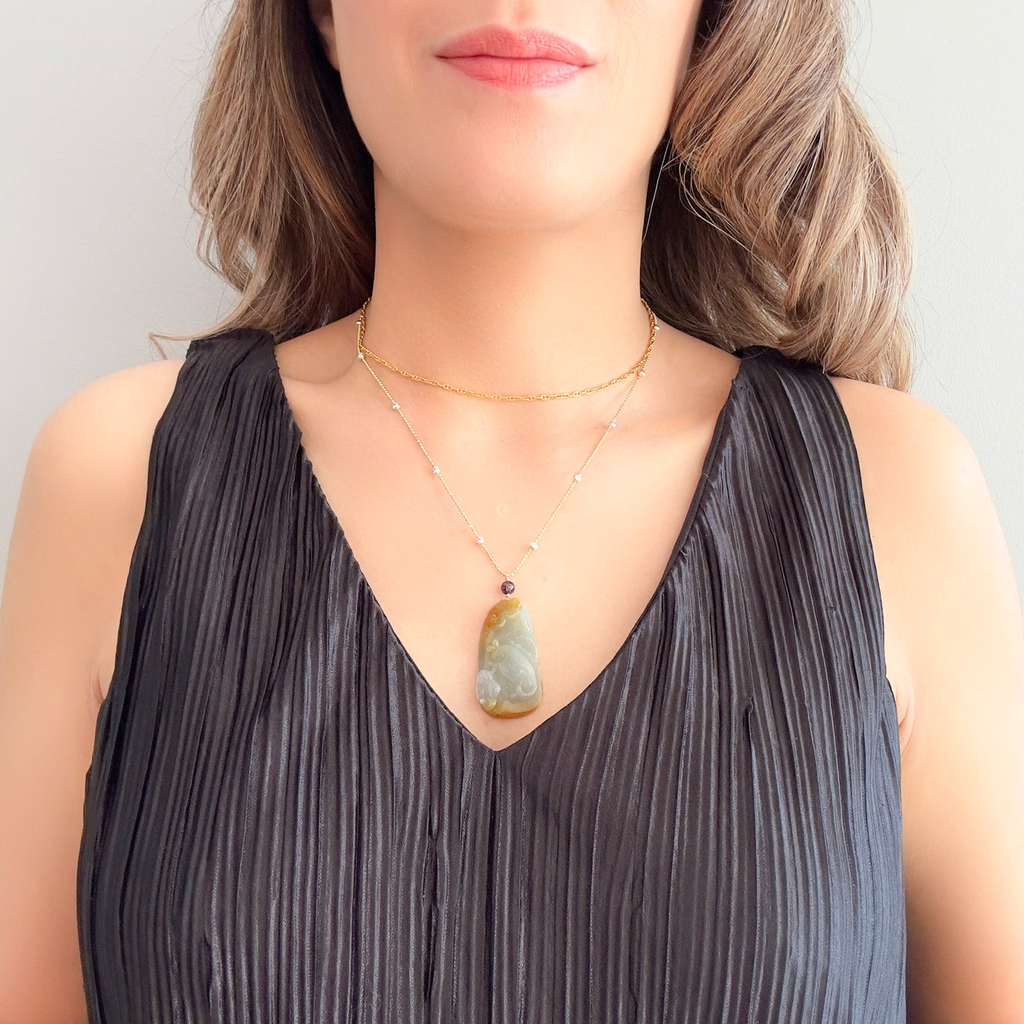 Abundance Pendant with Grade A Burma Jade Fish, Ruyi and Flower Carving