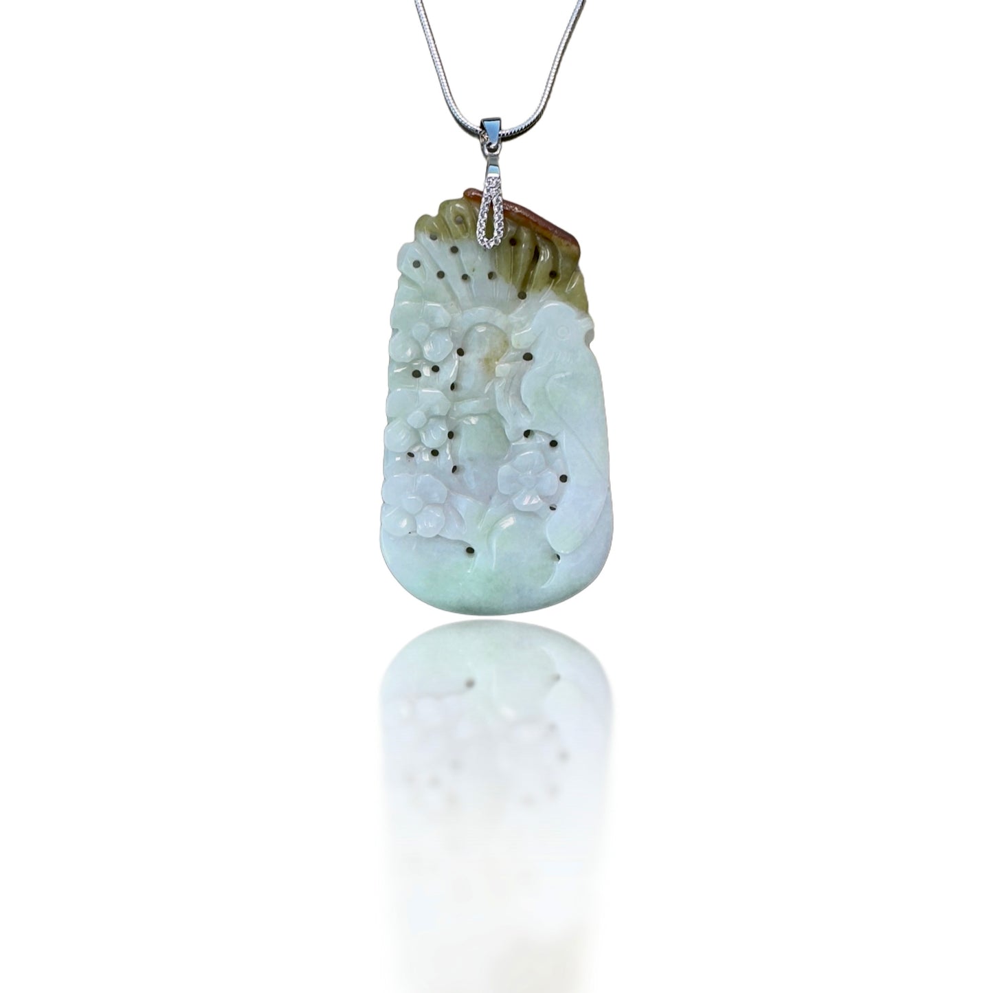 Abundance Pendant with Grade A Burma Jade Parrot and Cherry Blossom Carving