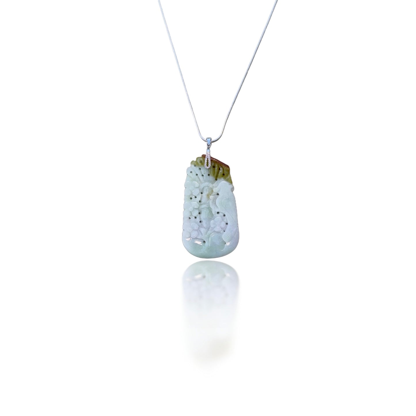 Abundance Pendant with Grade A Burma Jade Parrot and Cherry Blossom Carving