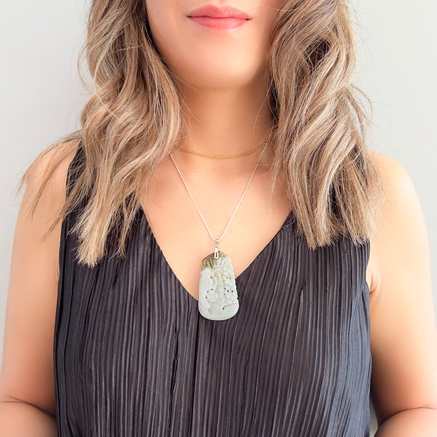 Abundance Pendant with Grade A Burma Jade Parrot and Cherry Blossom Carving