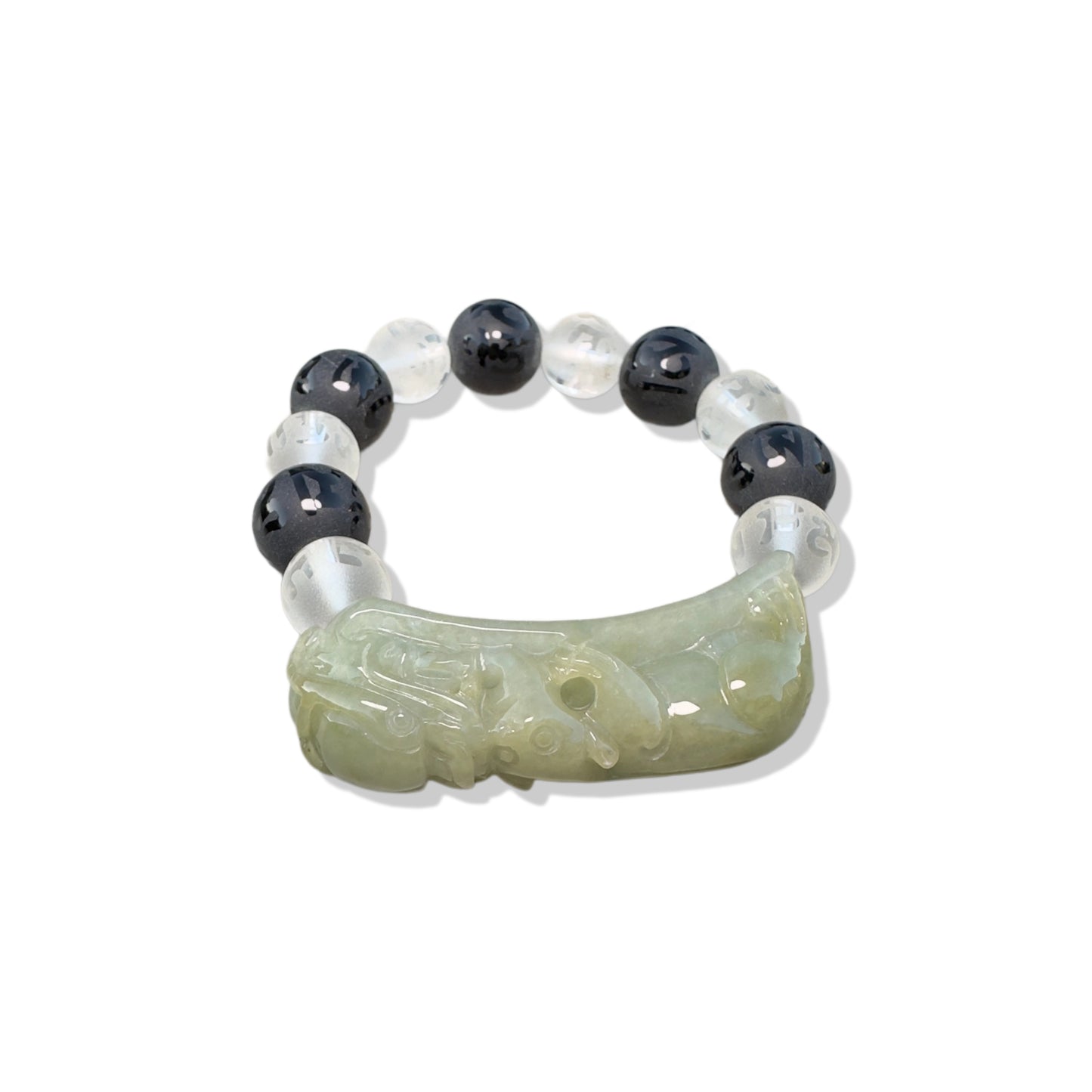 Balance bangle with Black ,Clear agate and Burma Jade Pi Xiu (貔貅) Carving