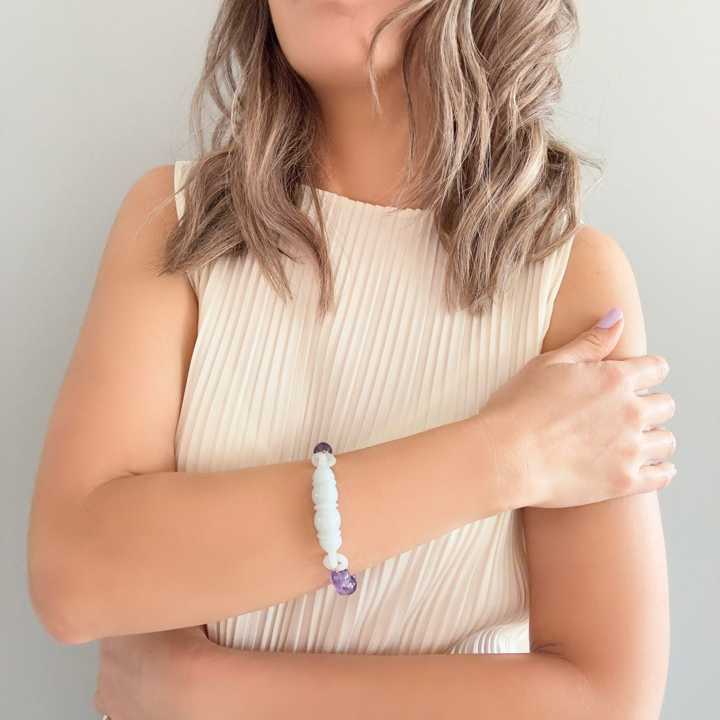 Calming Bangle with Amethyst and Burma Green Jade Carving