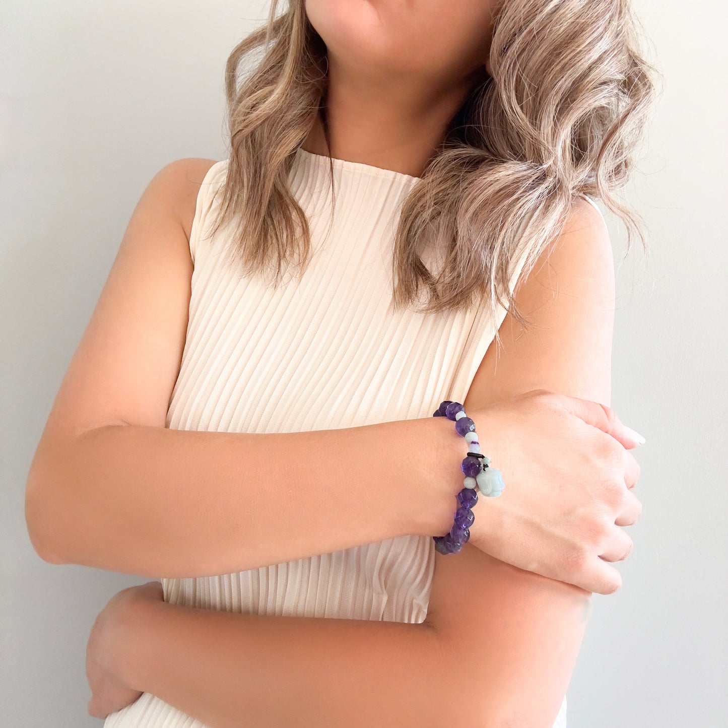 Calming Bracelet with Amethyst and Burma Jade Rose Charm bracelet