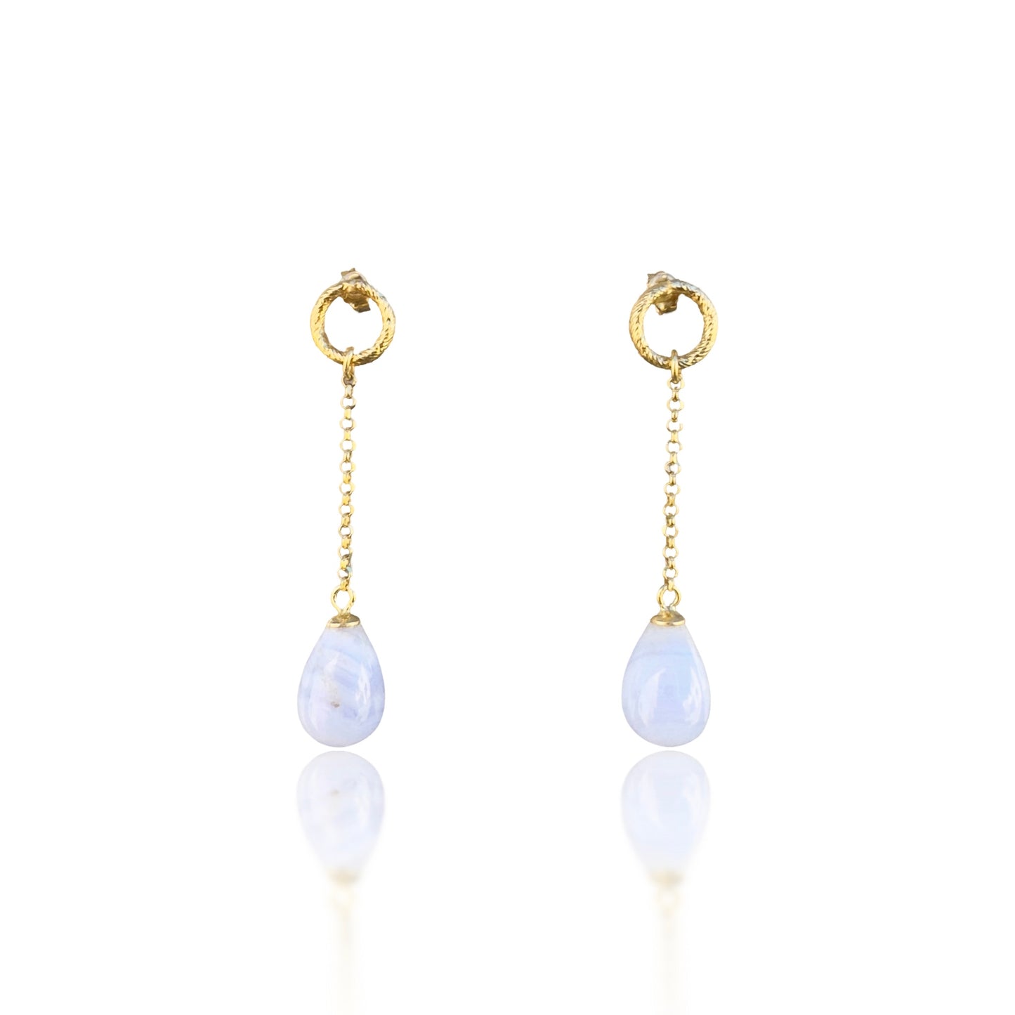 Calming Earrings with Blue Lace Agate and Yellow Gold Chain