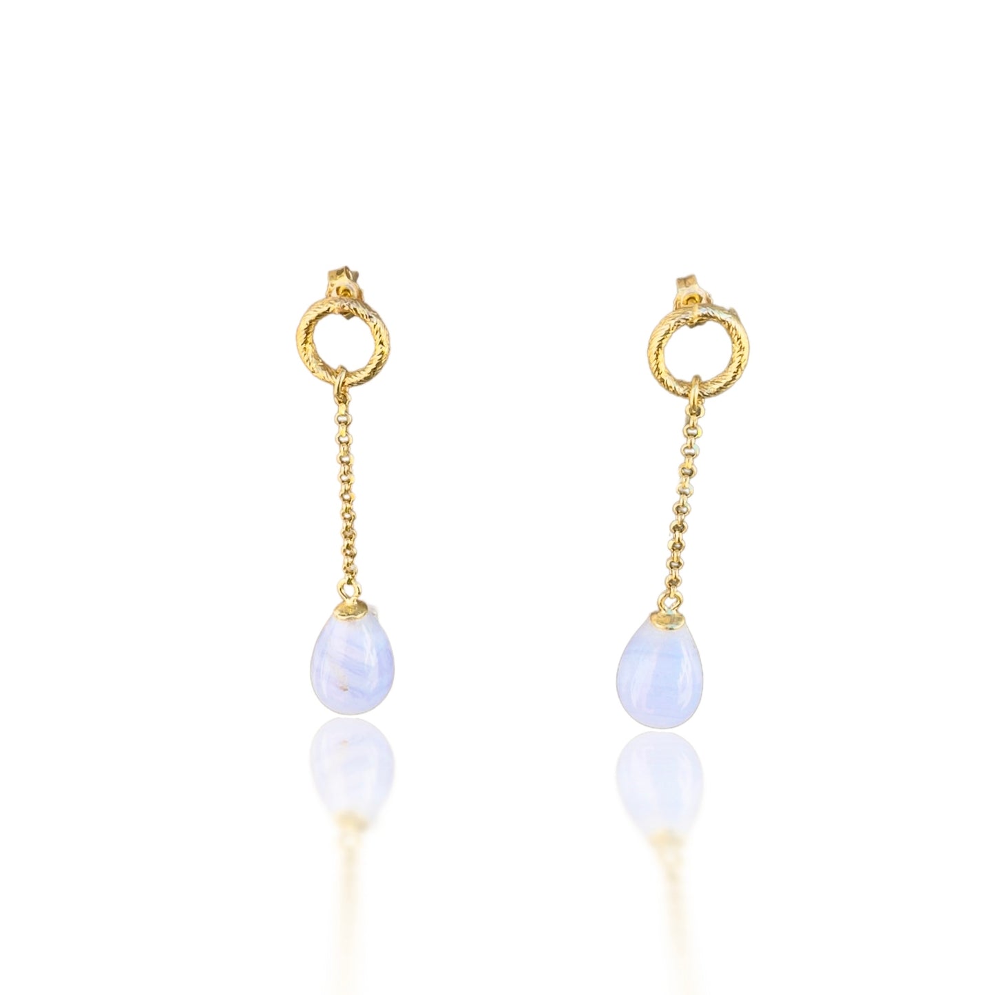 Calming Earrings with Blue Lace Agate and Yellow Gold Chain