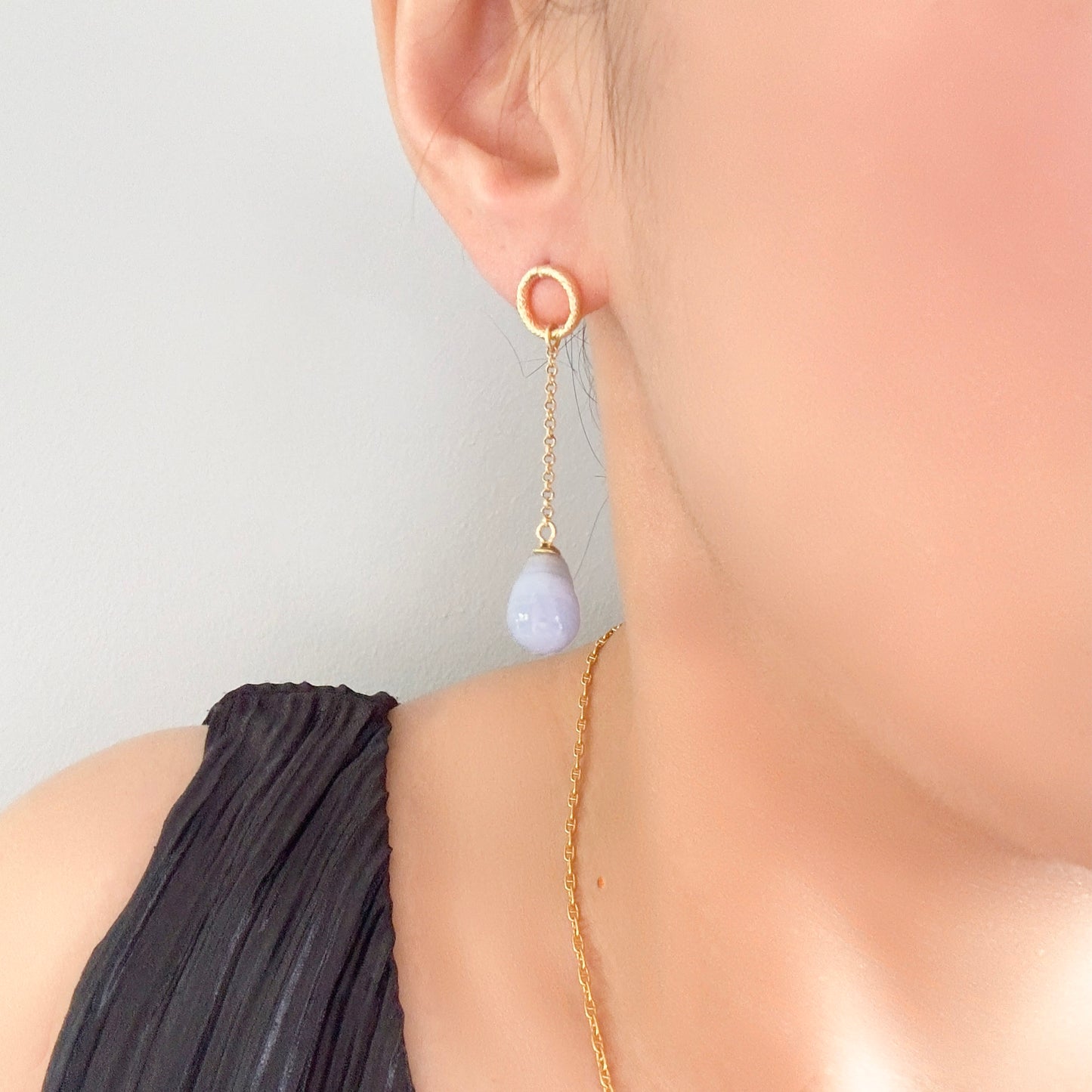 Calming Earrings with Blue Lace Agate and Yellow Gold Chain