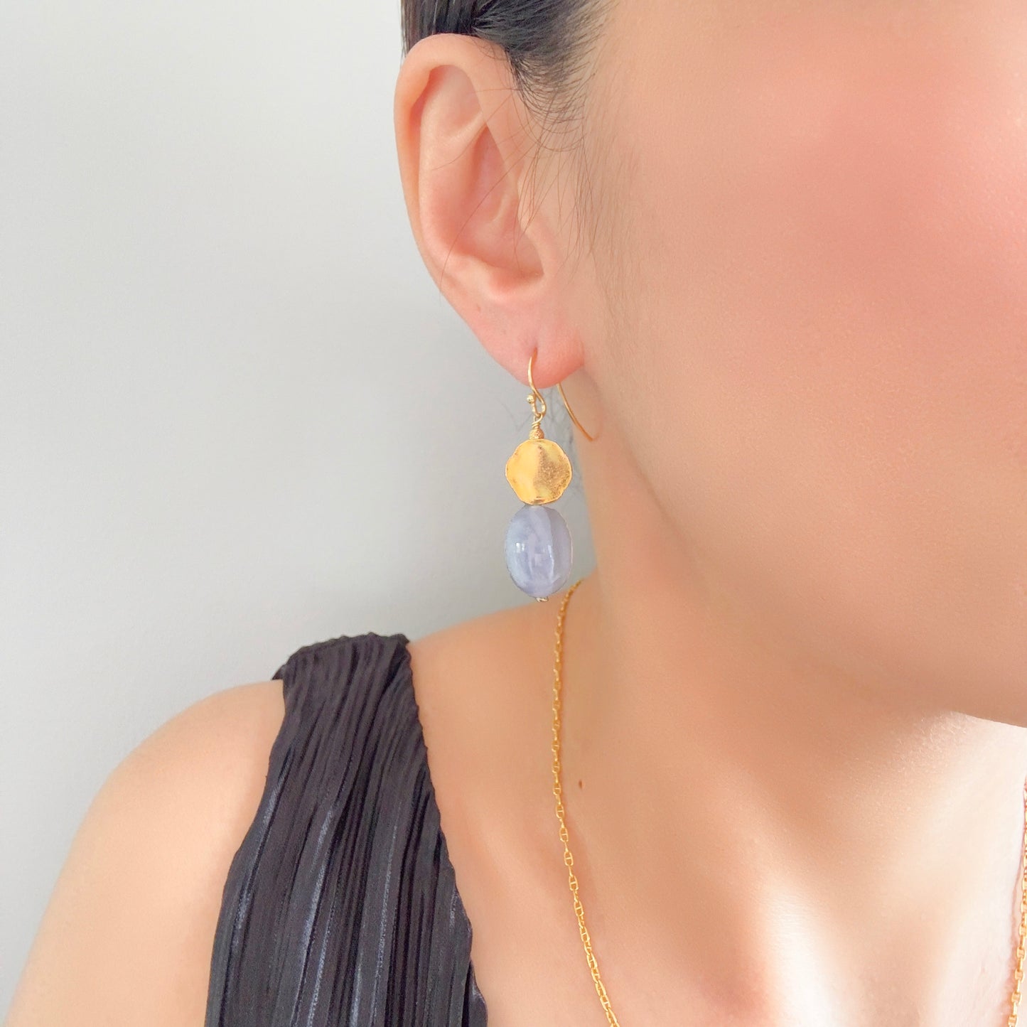 Calming Earrings with Blue Lace Agate and Yellow Gold