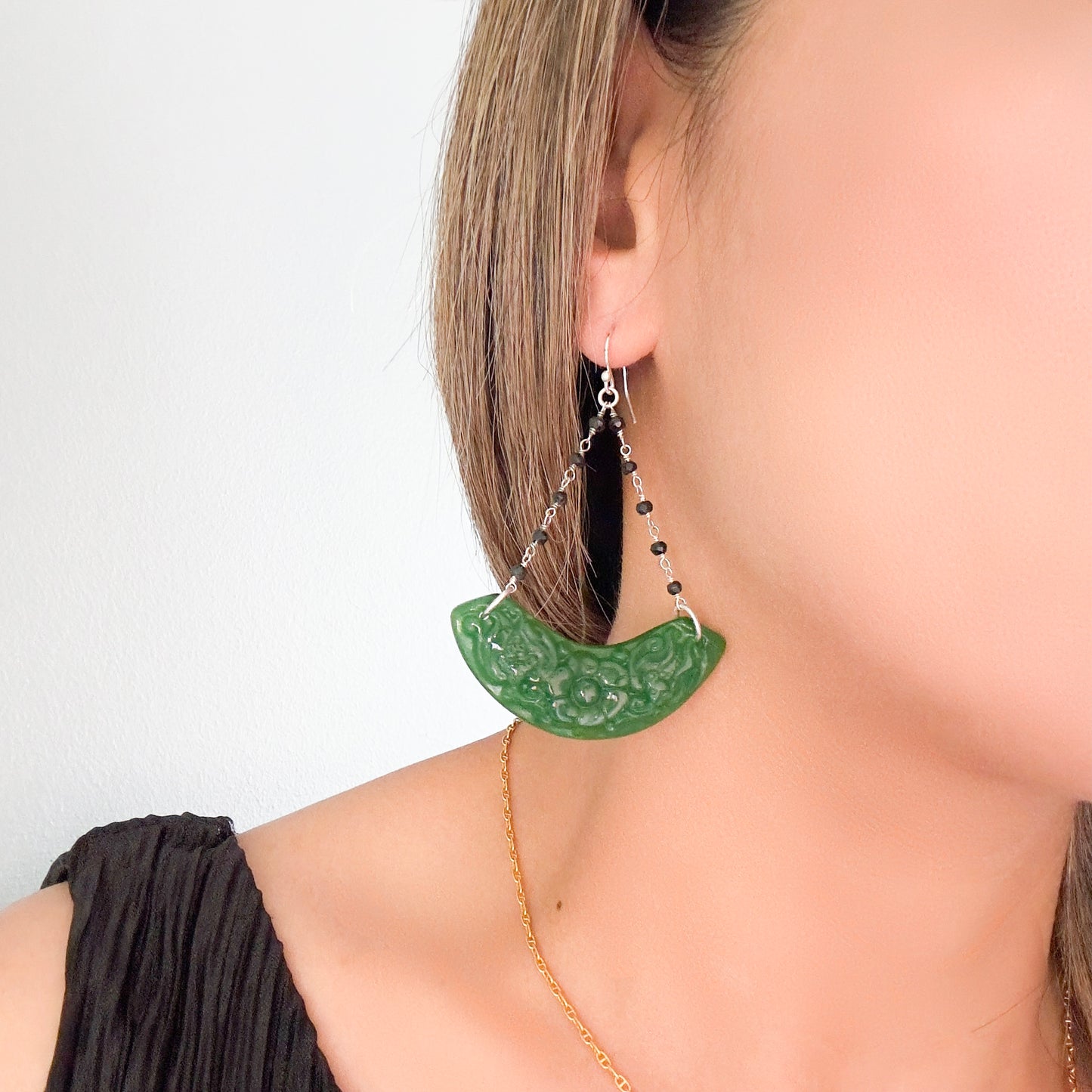Chandelier Earrings with Green Jade Carving and Black Spinel