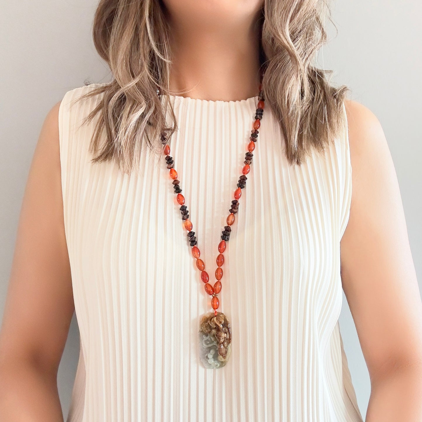 Courage Necklace with Carnelian, Lace Agate and Burma Jade Monkey Pendant