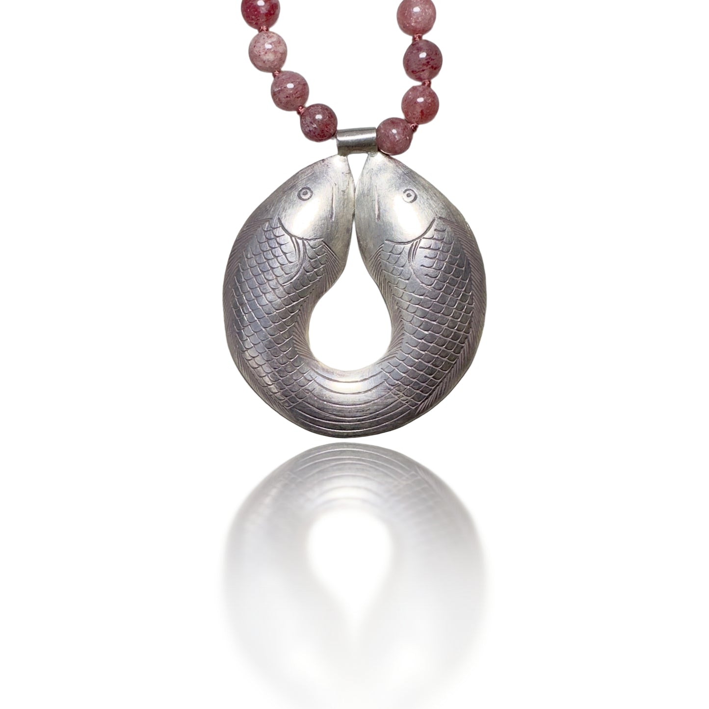 Courage Necklace with Ruby Zoisite, Strawberry Quartz and Pure Silver Double Fish Pendant