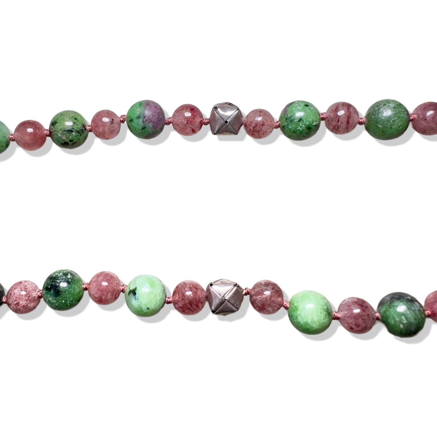 Courage Necklace with Ruby Zoisite, Strawberry Quartz and Pure Silver Double Fish Pendant