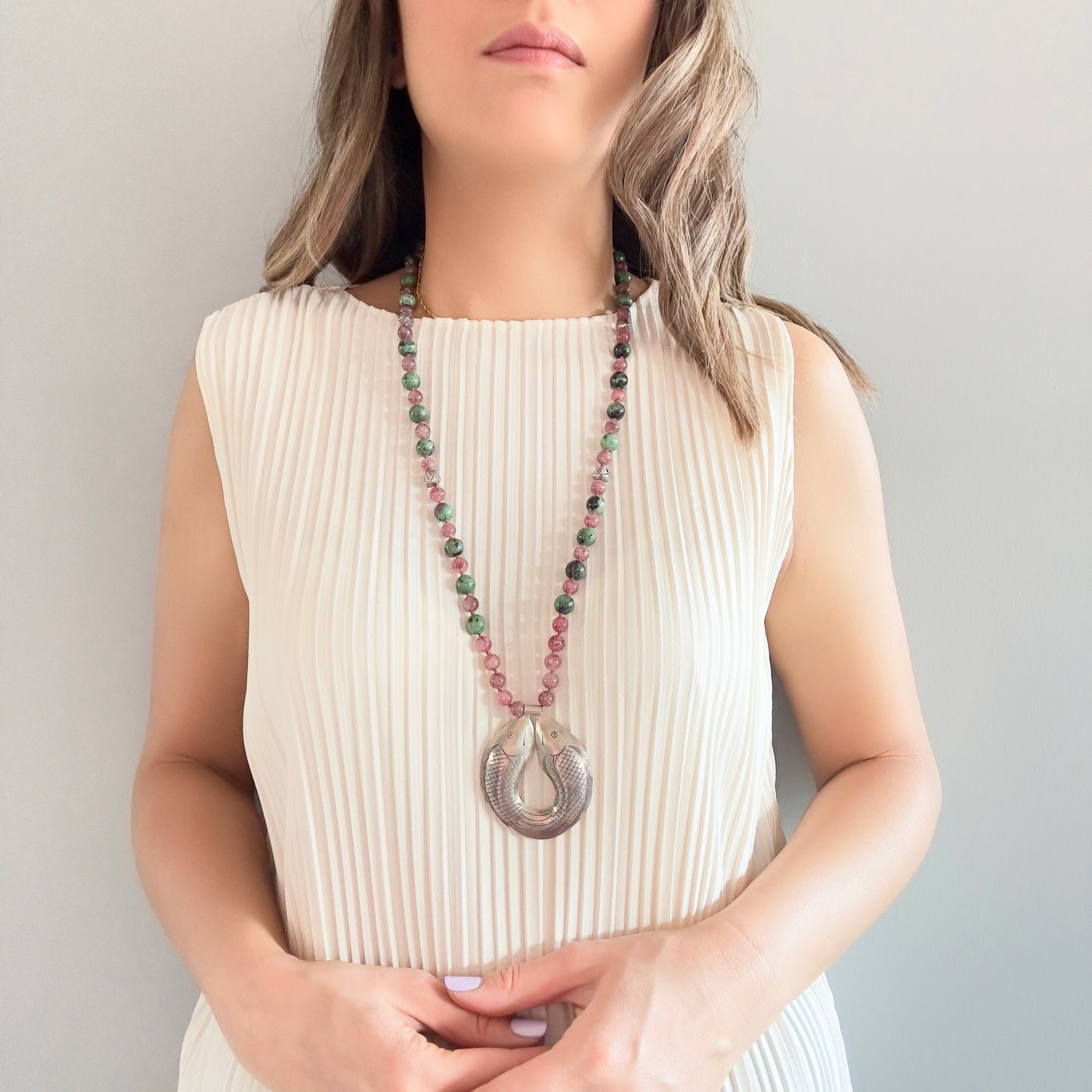 Courage Necklace with Ruby Zoisite, Strawberry Quartz and Pure Silver Double Fish Pendant