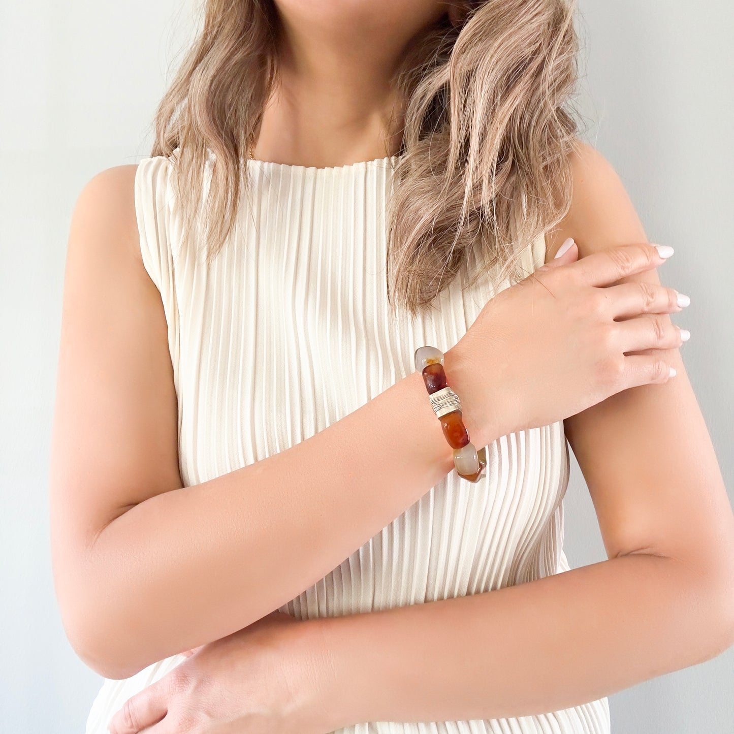Creativity Bracelet with Orange Agate and Pure Silver Bead