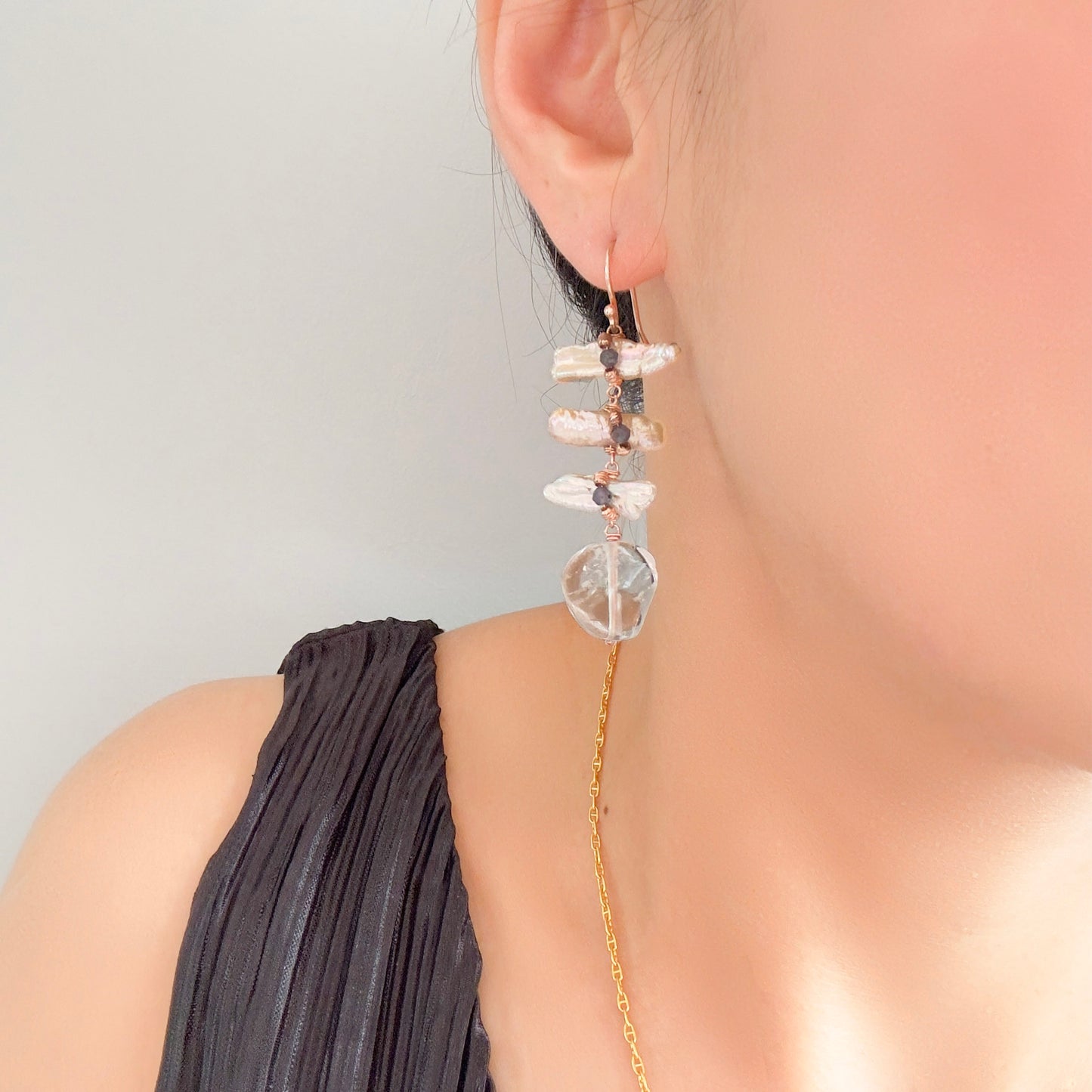 Fish Bone Earrings with Clear Quartz, Biwa Pearl, Iolite