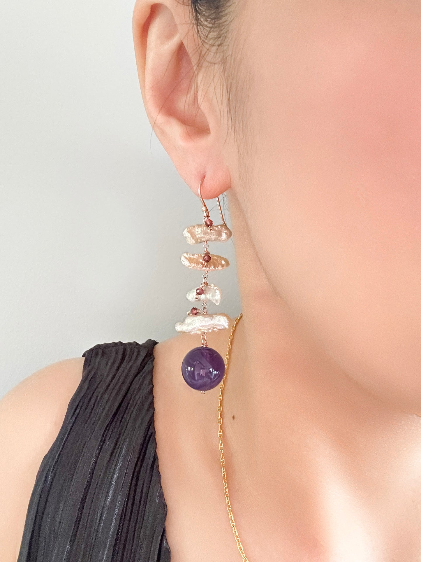 Fish Bone Earrings with Amethyst, Biwa Pearl, Pink Tourmaline