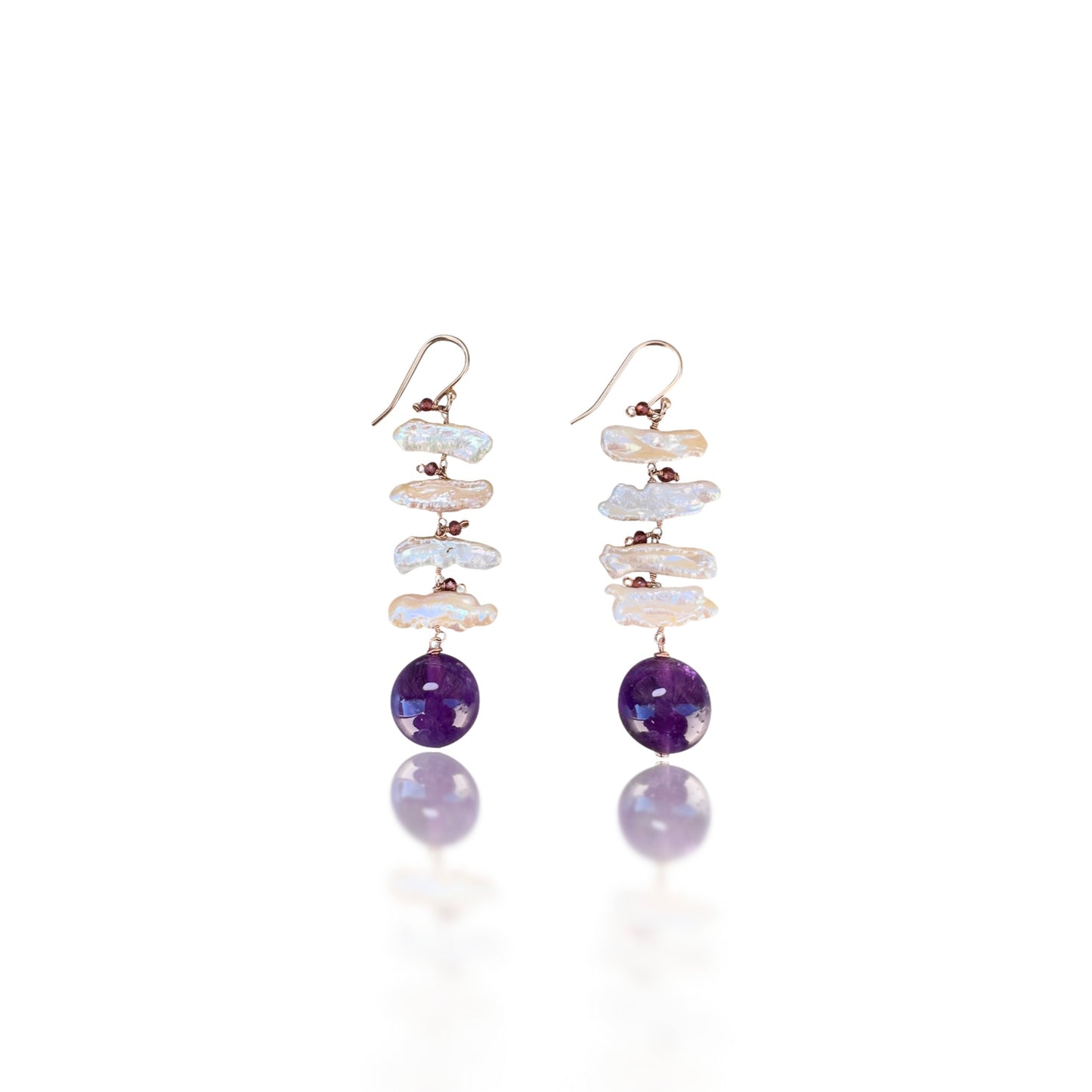 Fish Bone Earrings with Amethyst, Biwa Pearl, Pink Tourmaline