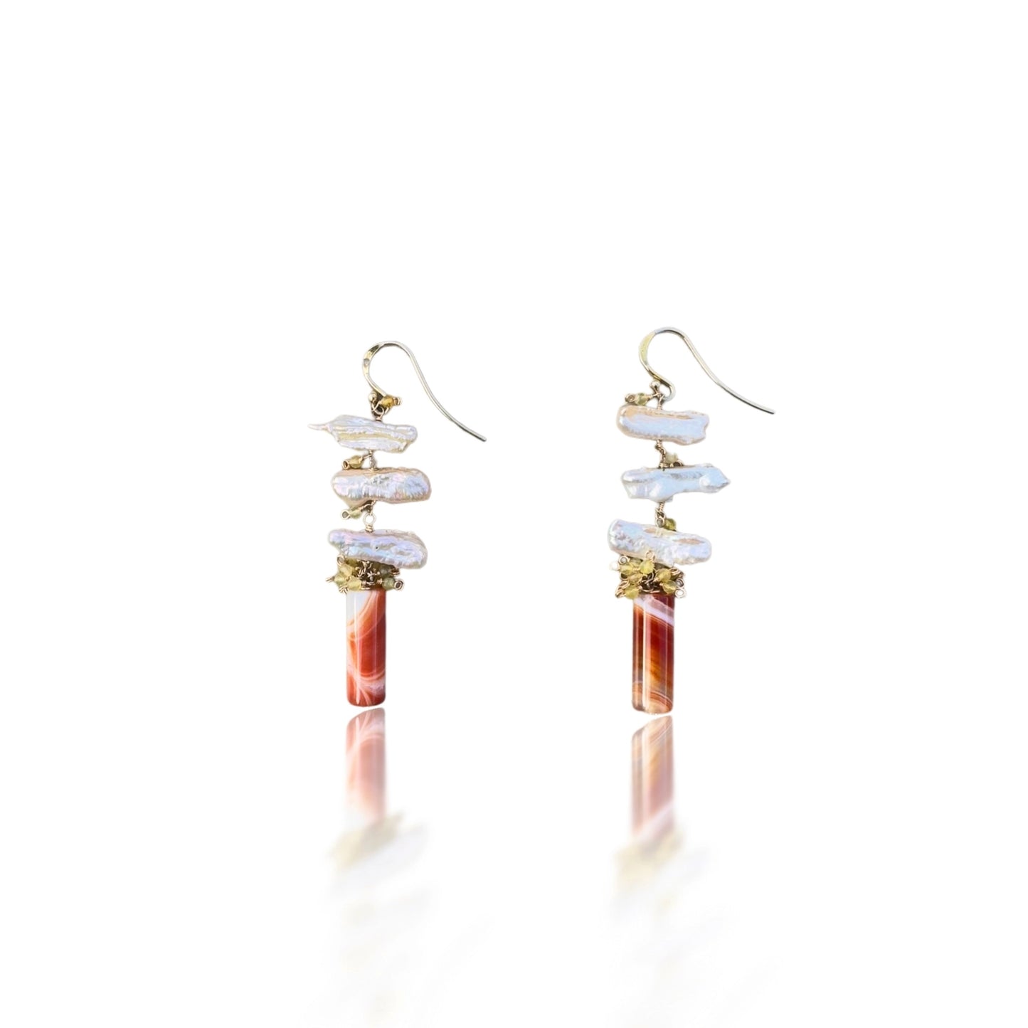 Fish Bone Earrings with Orange Agate, Biwa Pearl, Yellow Opal
