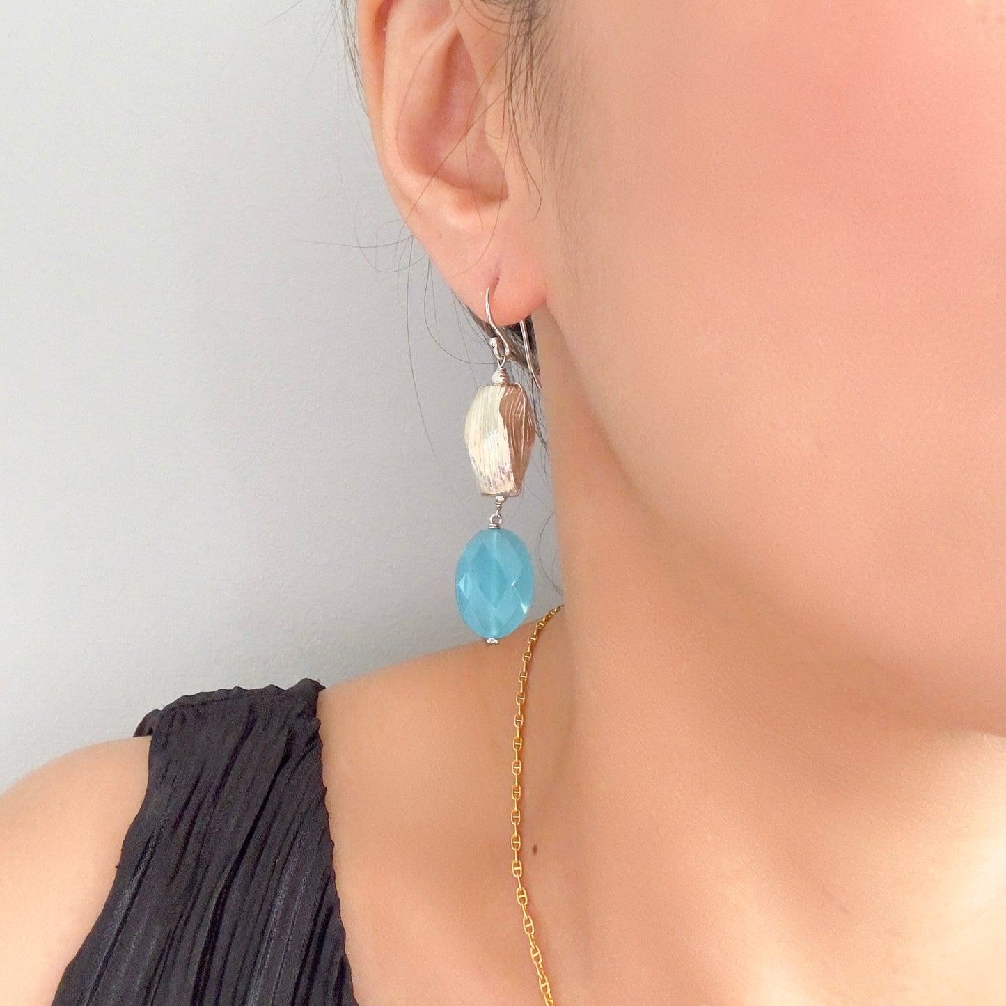 Harmony Earrings with Blue Chalcedony and Pure Silver Carving Bead