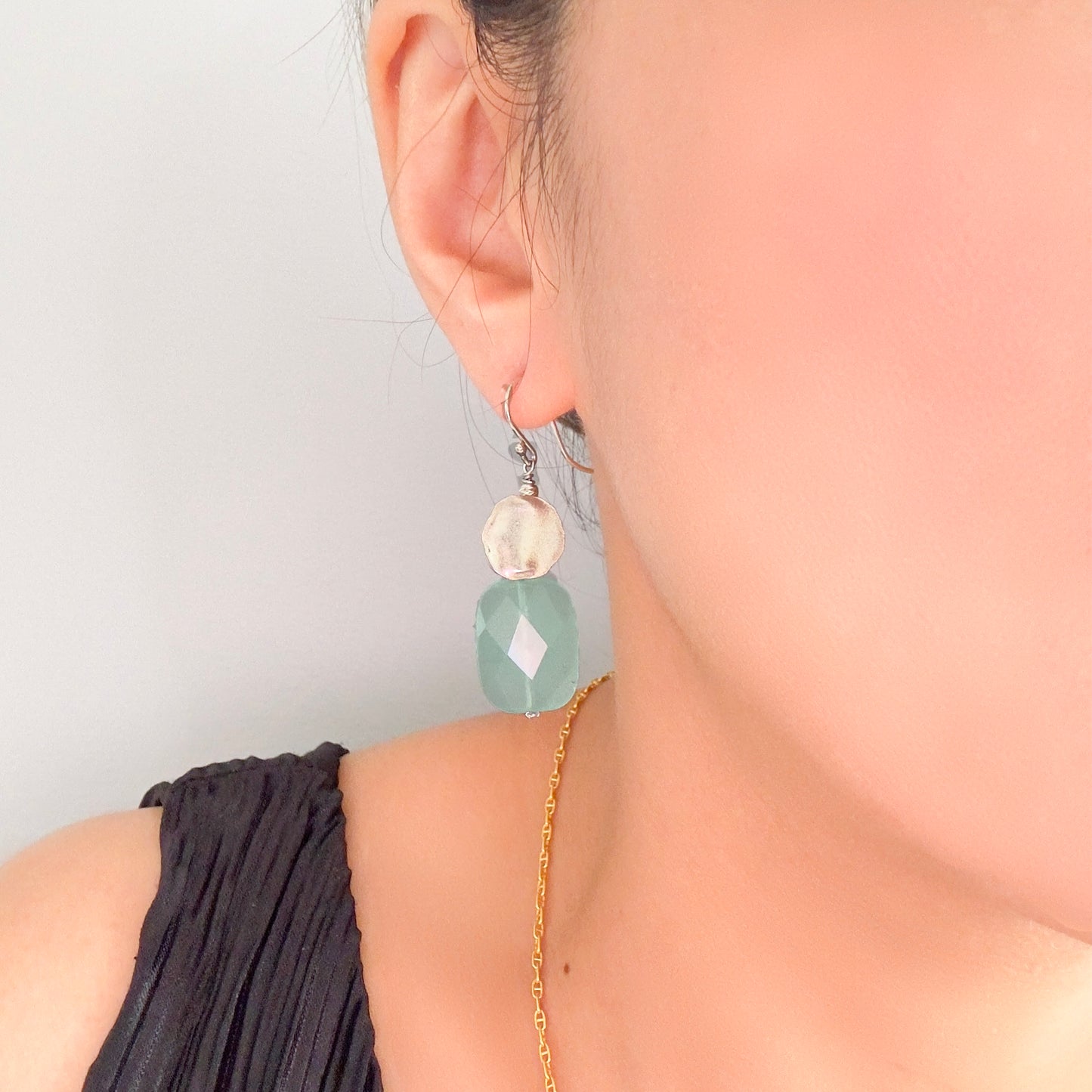 Harmony Earrings with Green Chalcedony and Pure Silver Carving Bead