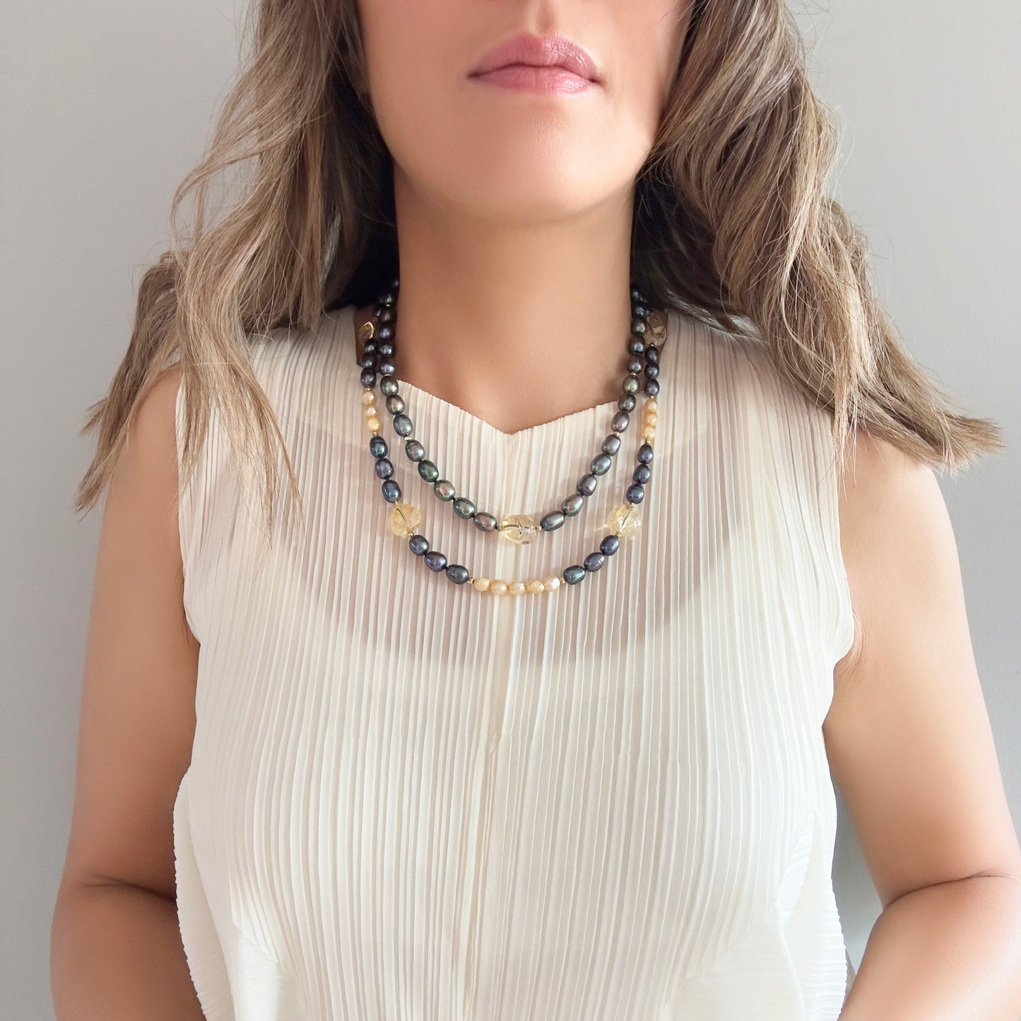 Inner Peace Double Strand Necklace with Pearl and Citrine