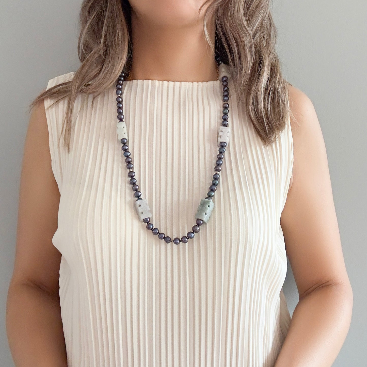 Inner Peace Necklace with Peacock Pearl and Burma Jade Carving Bead