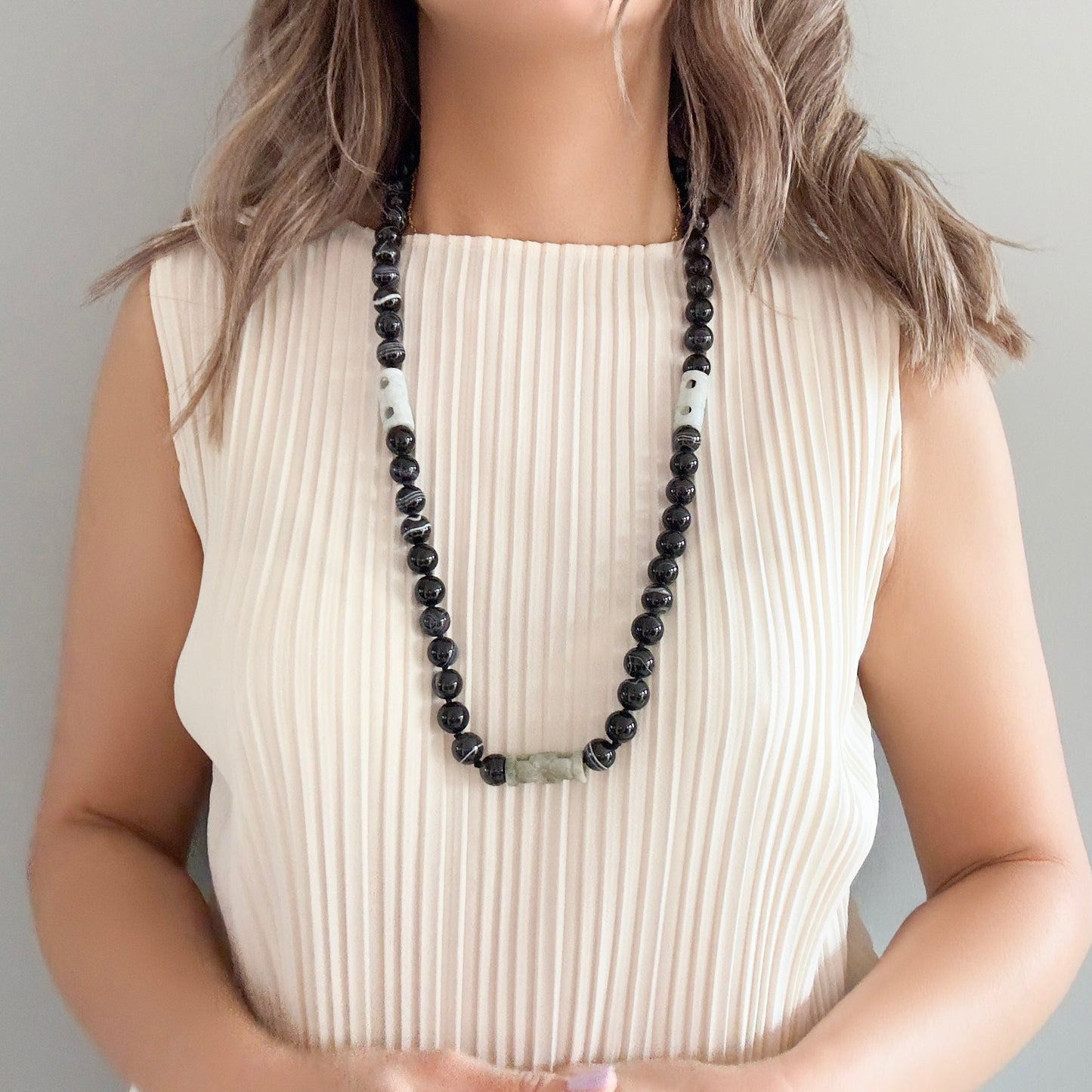 Protection Necklace with Lace Agate and Green Burma Jade Carving