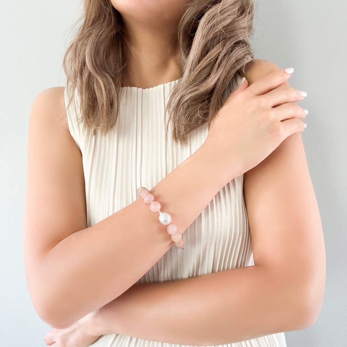Inner Peace Bracelet with White Freshwater Pearl and Morganite