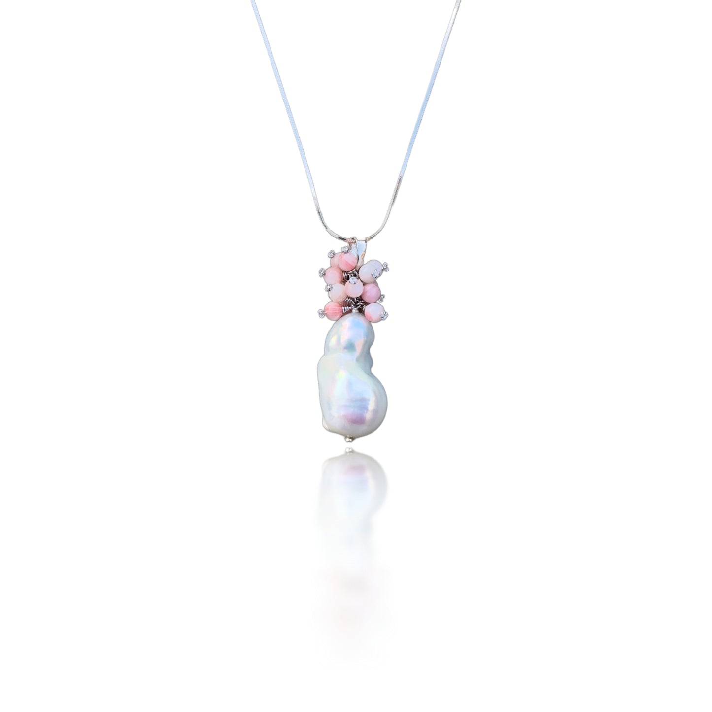 Inner Peace Cluster Pendant with White Baroque Pearl and Pink Opal