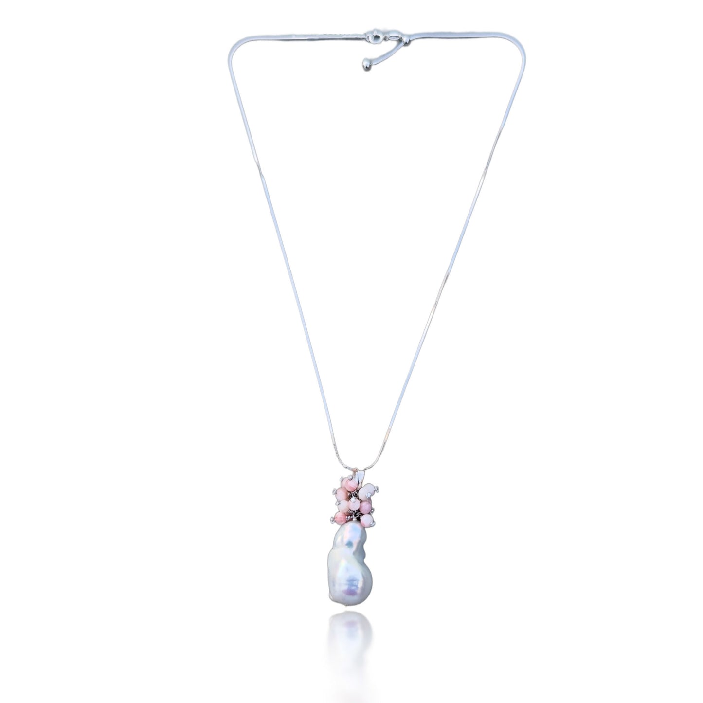 Inner Peace Cluster Pendant with White Baroque Pearl and Pink Opal