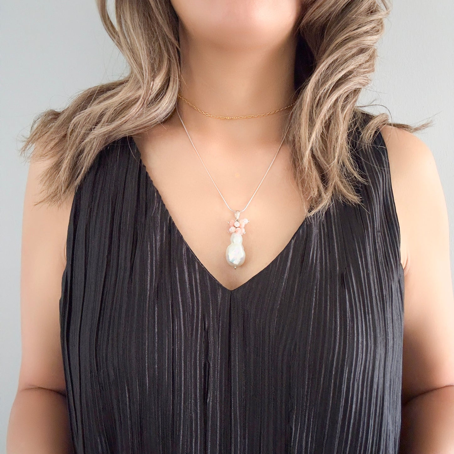 Inner Peace Cluster Pendant with White Baroque Pearl and Pink Opal