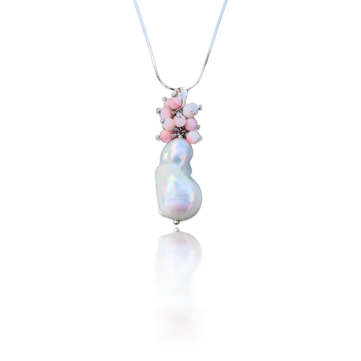 Inner Peace Cluster Pendant with White Baroque Pearl and Pink Opal