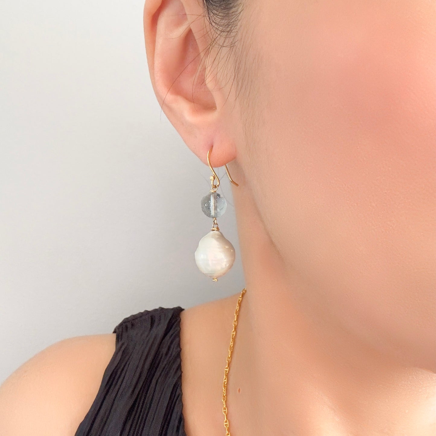 Inner Peace Earrings with White Baroque Pearl, Blue Topaz and Gold