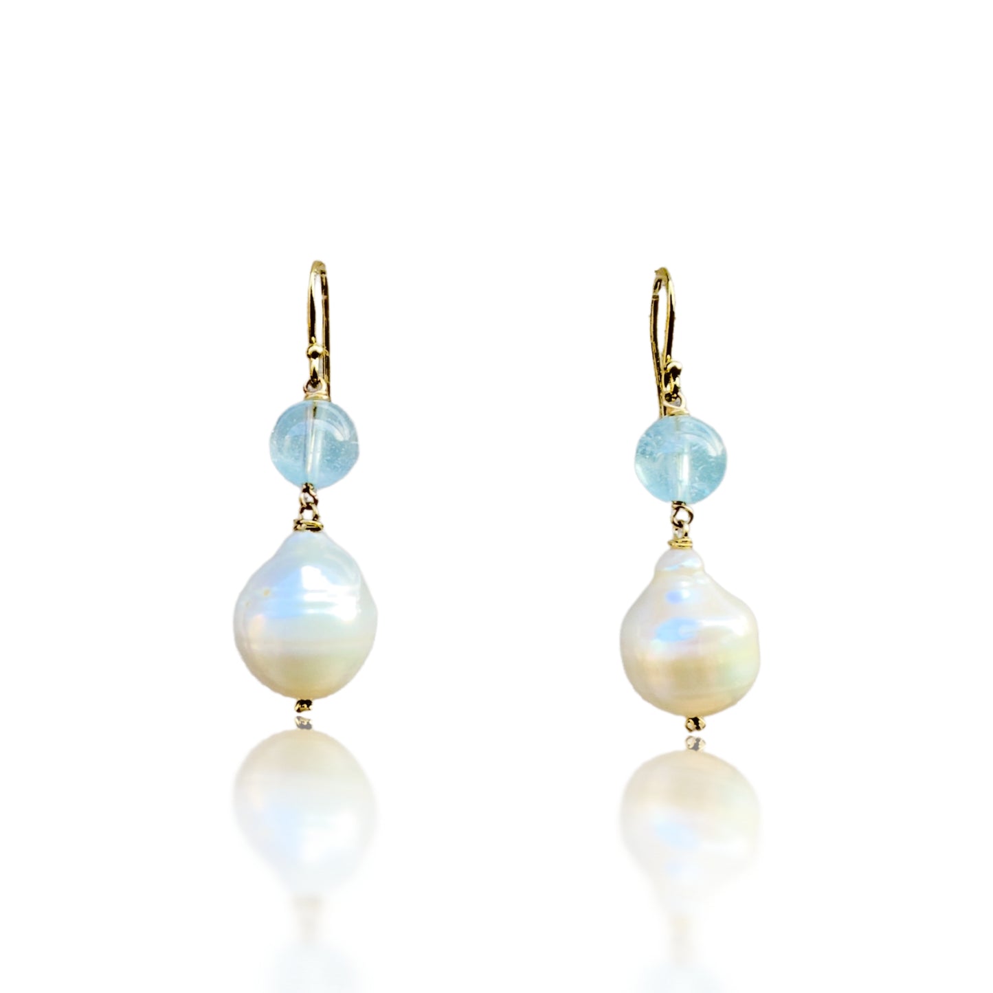 Inner Peace Earrings with White Baroque Pearl, Blue Topaz and Gold