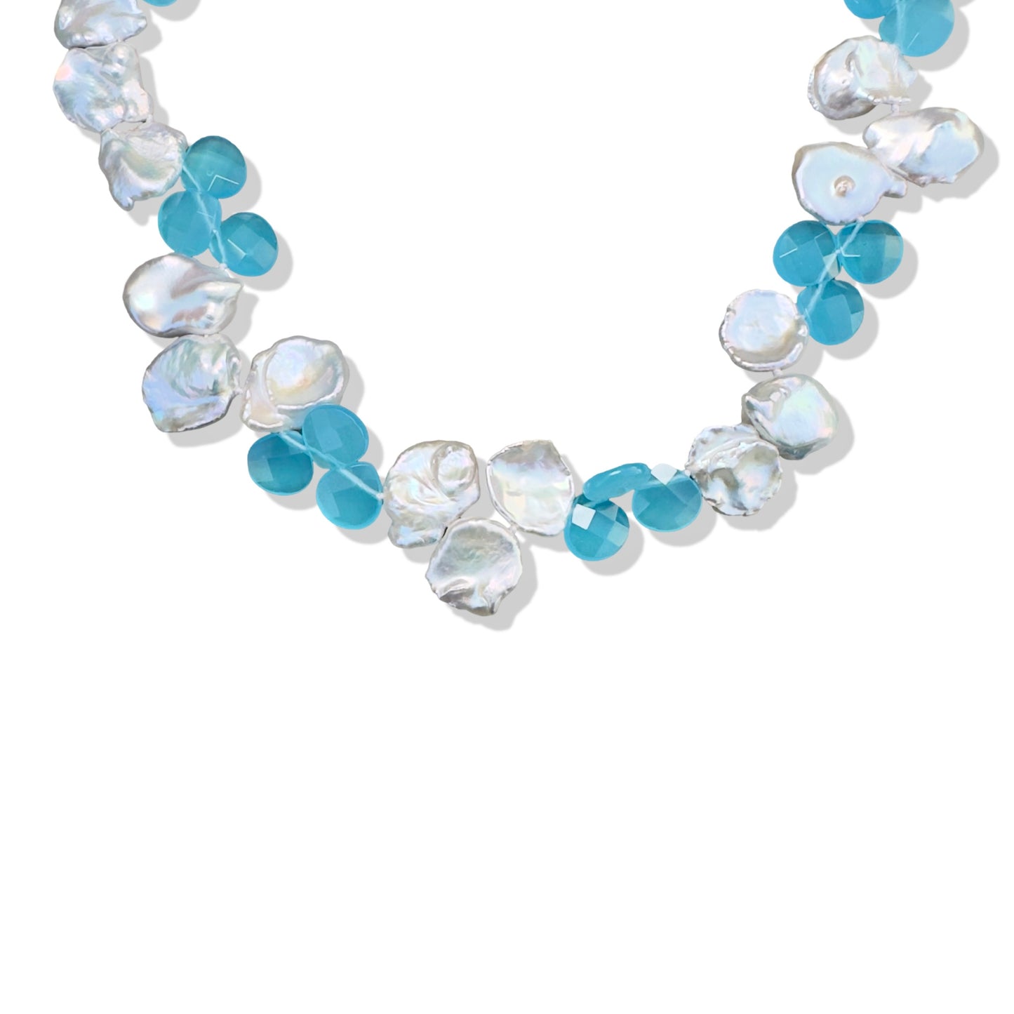 Inner Peace Necklace with Keshi Pearl and Blue Chalcedony