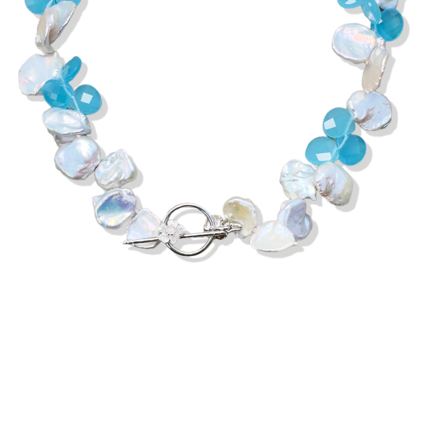 Inner Peace Necklace with Keshi Pearl and Blue Chalcedony
