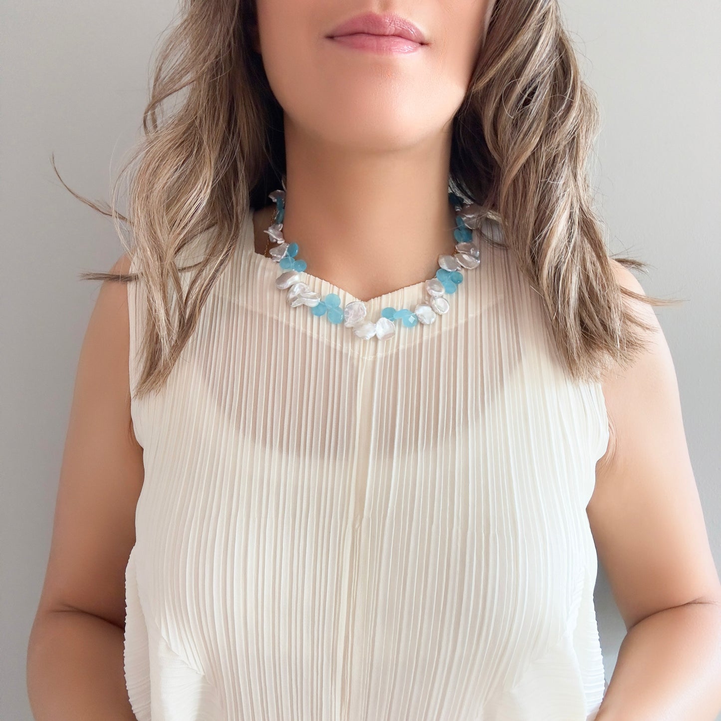 Inner Peace Necklace with Keshi Pearl and Blue Chalcedony