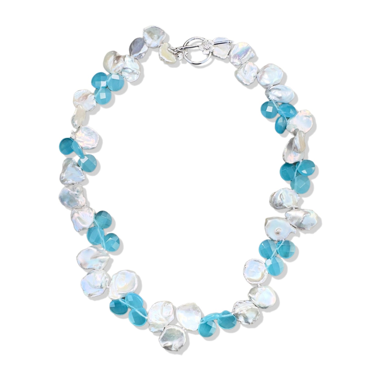 Inner Peace Necklace with Keshi Pearl and Blue Chalcedony