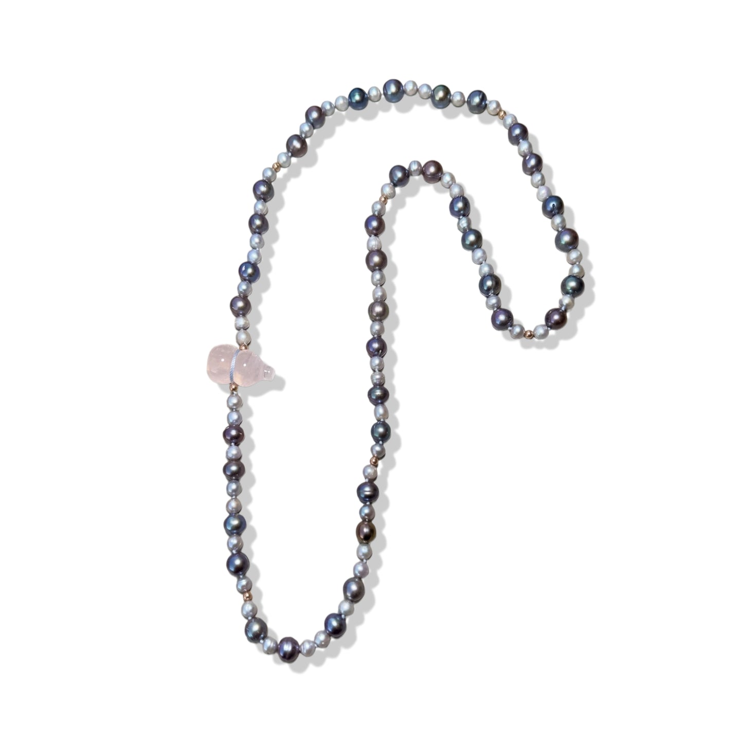 Inner Peace Necklace with Freshwater Pearl and Rose Quartz Gourd Carving