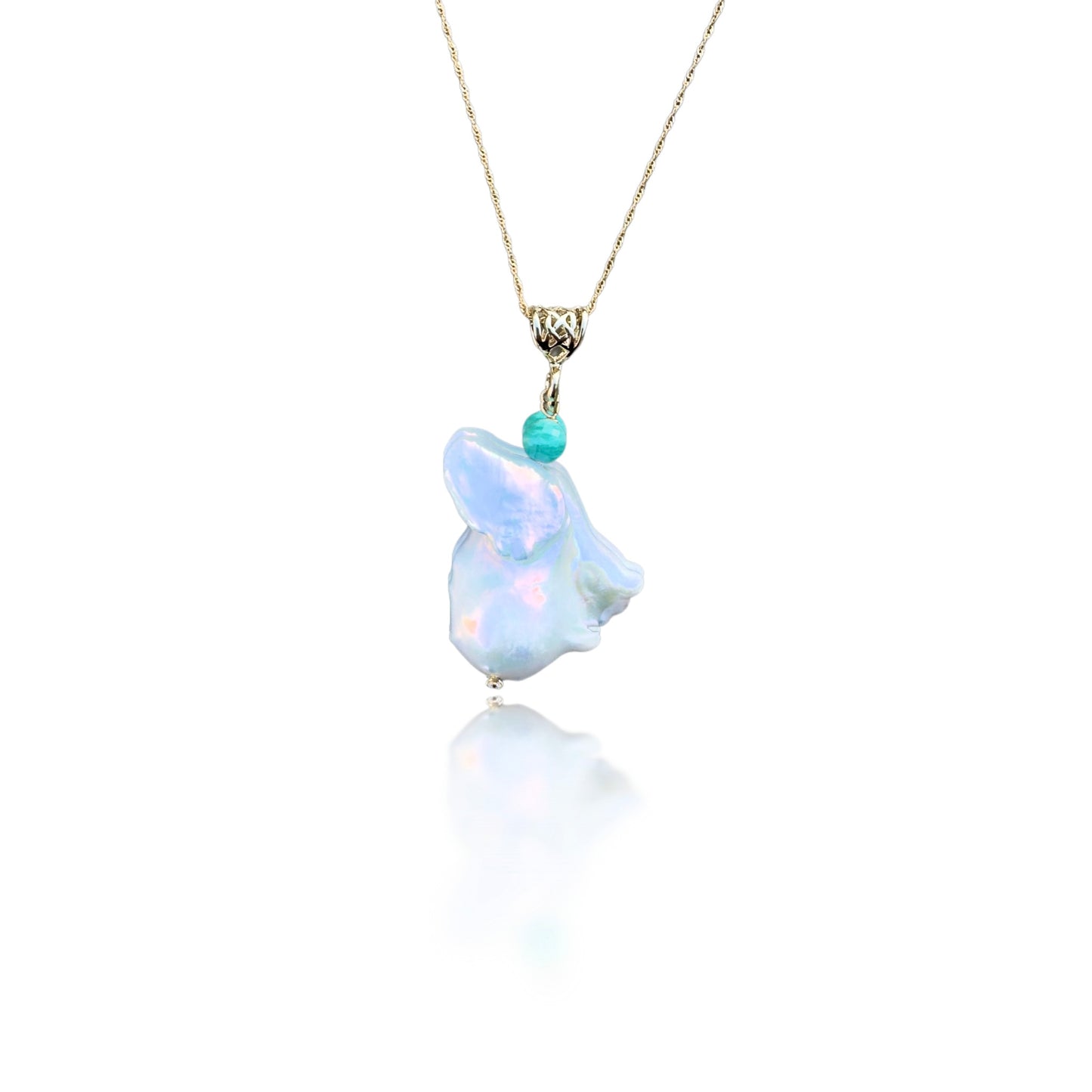 Inner Peace Pendant with White Baroque Pearl, Amazonite and Gold